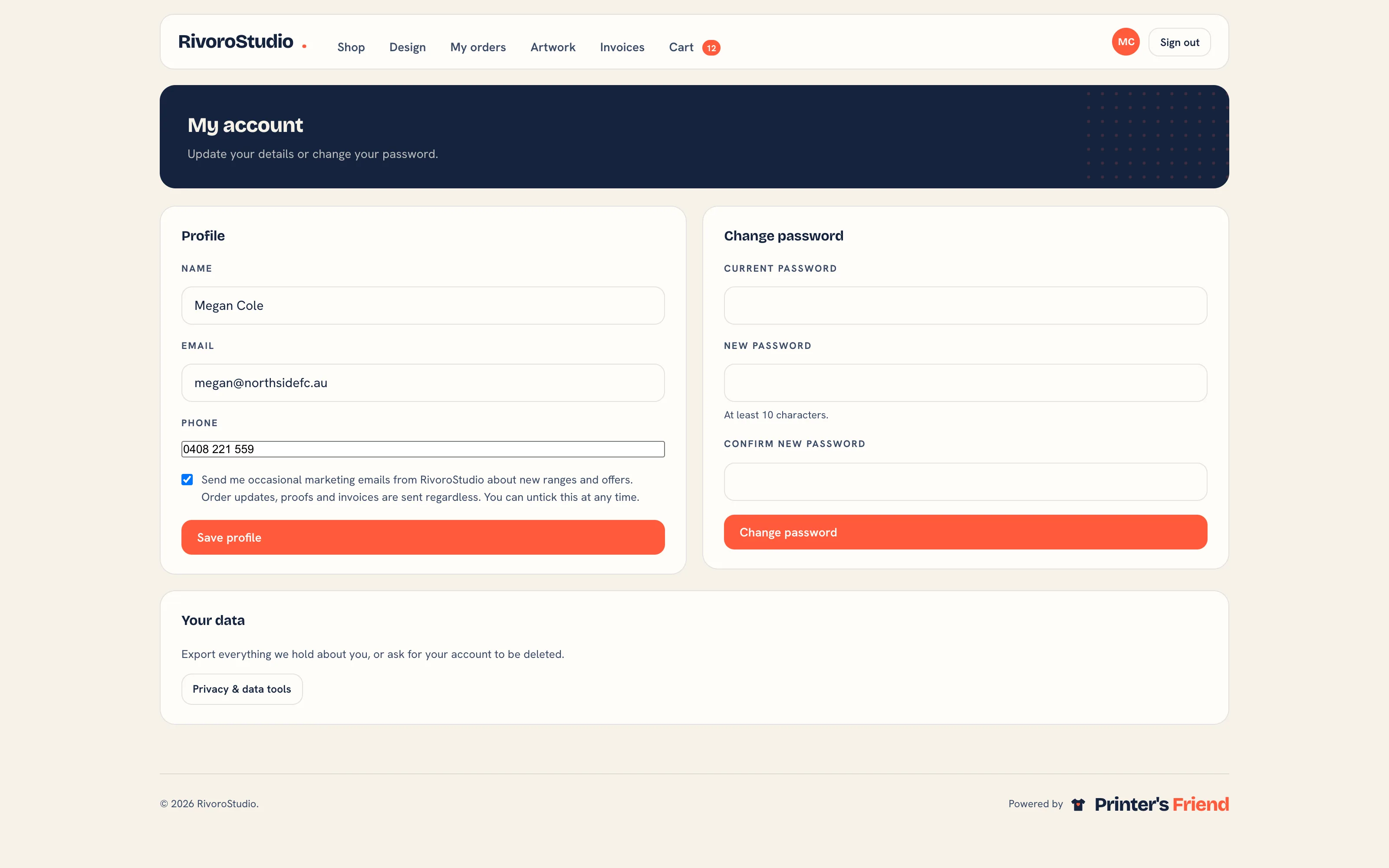 The portal account page with the profile fields, the marketing email checkbox, the change password form and the Privacy and data tools button
