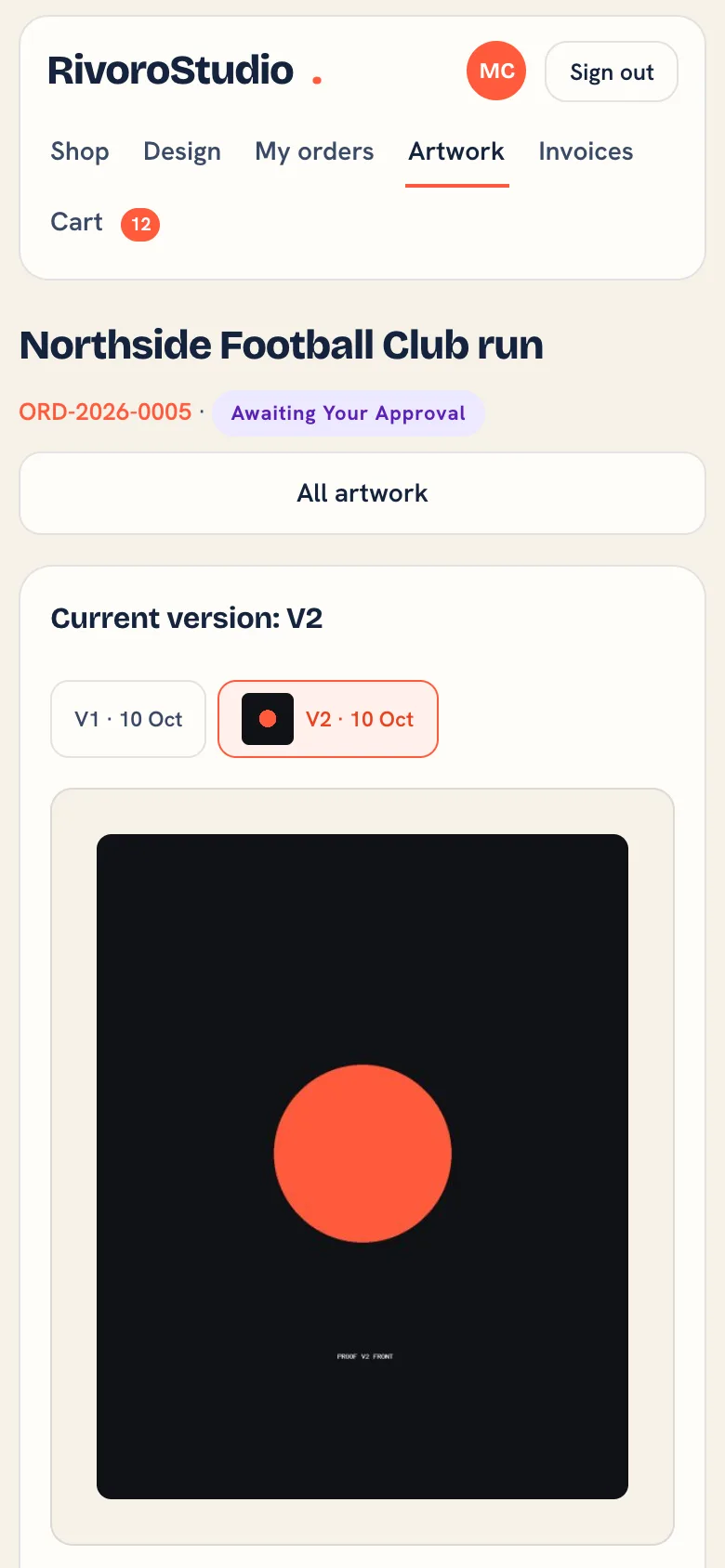 Approving a proof in the portal on a phone, with the version chips above the preview