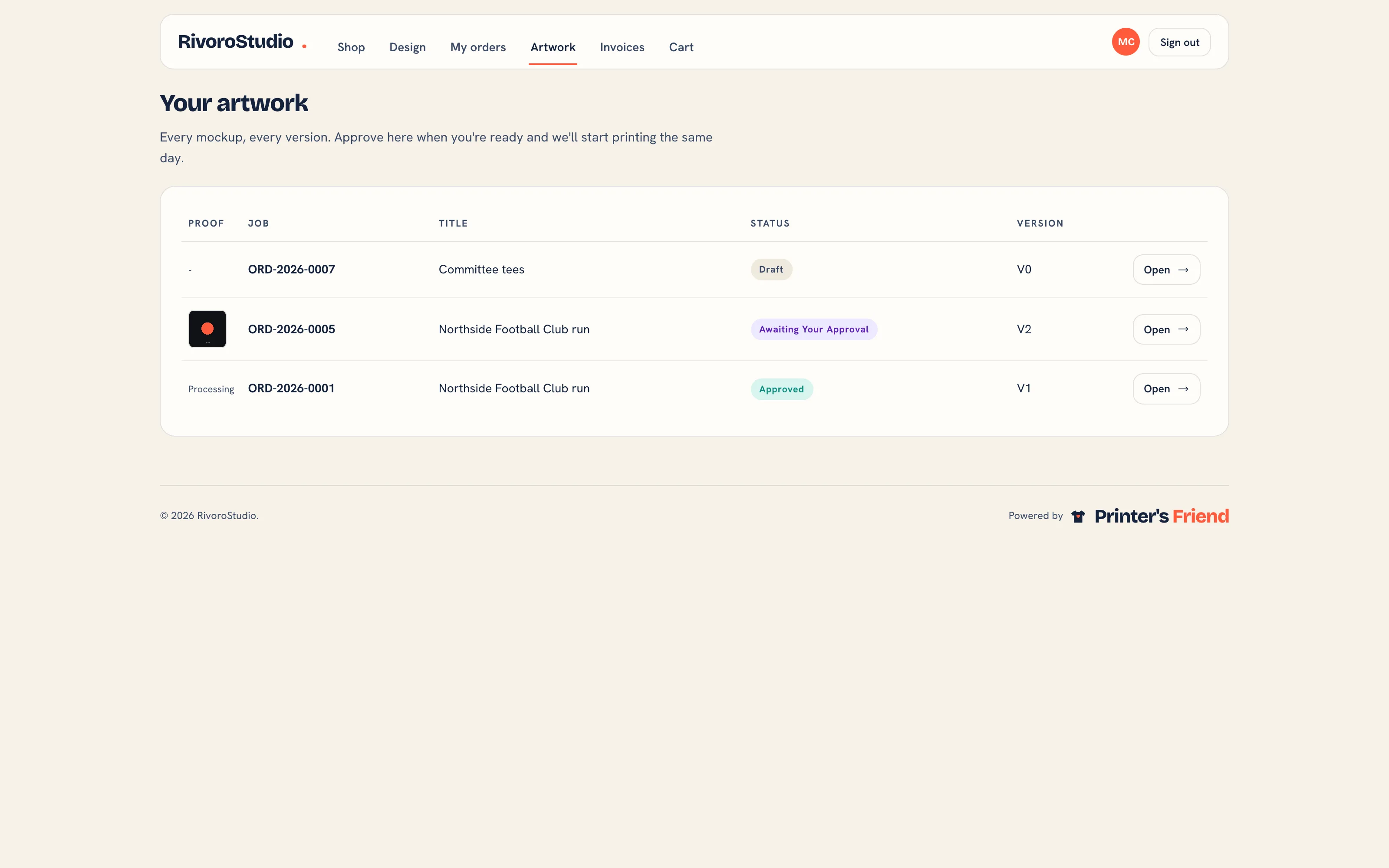 The portal artwork list with each proof's job, title, status and version
