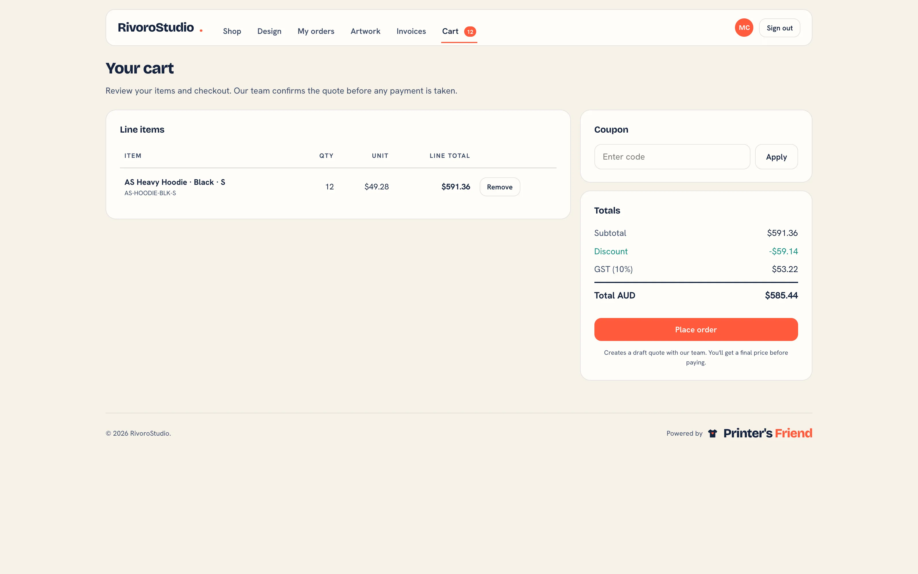 The portal cart with a coupon field and checkout