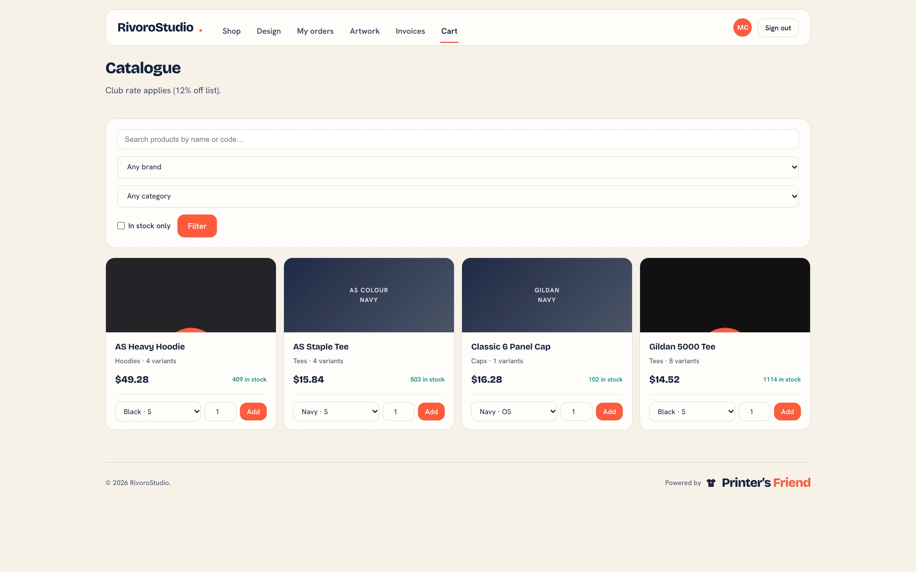 The portal catalogue at the customer's price list