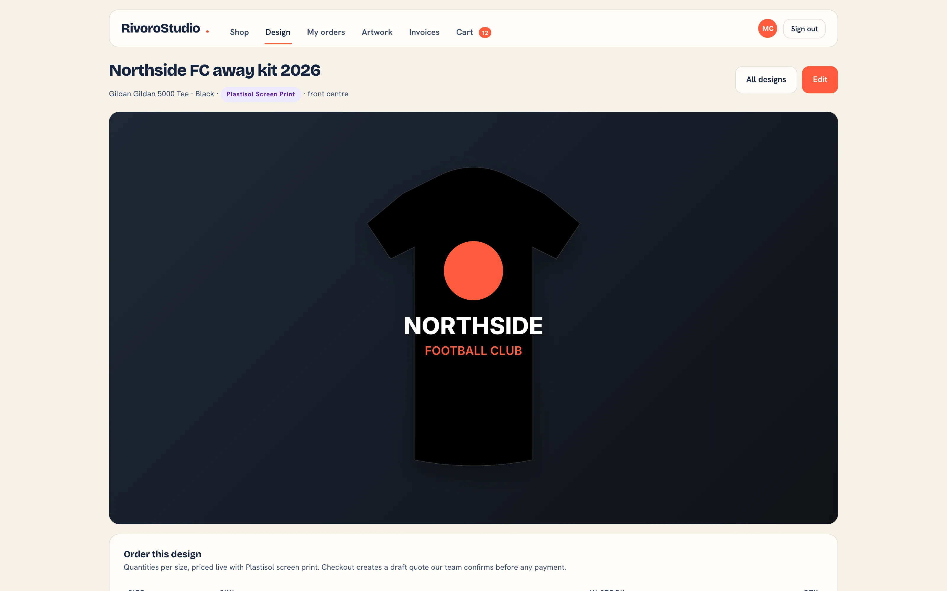 A saved design in the portal with its mockup on the garment and the Order this design section