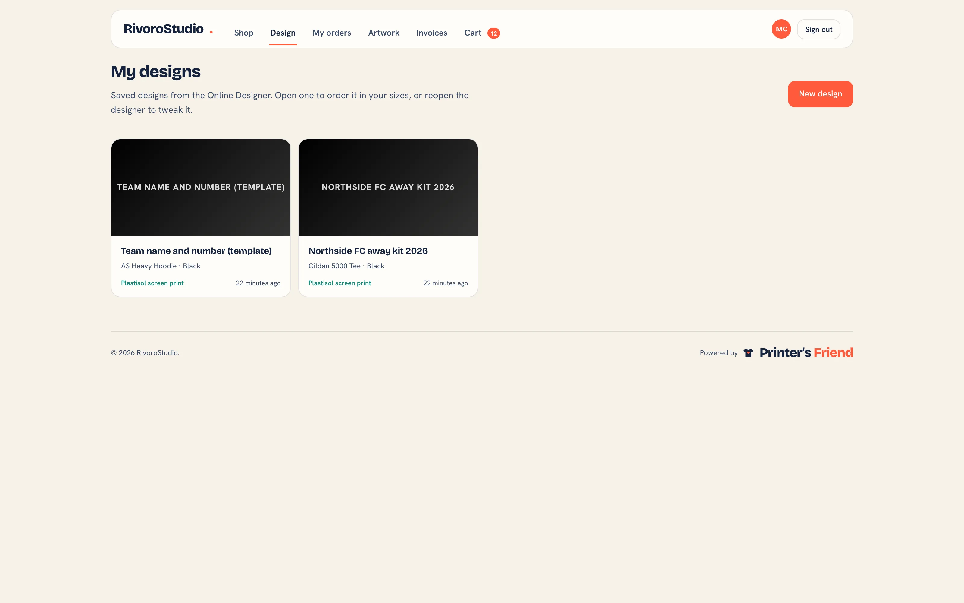 The My designs page in the portal with saved design cards and the New design button