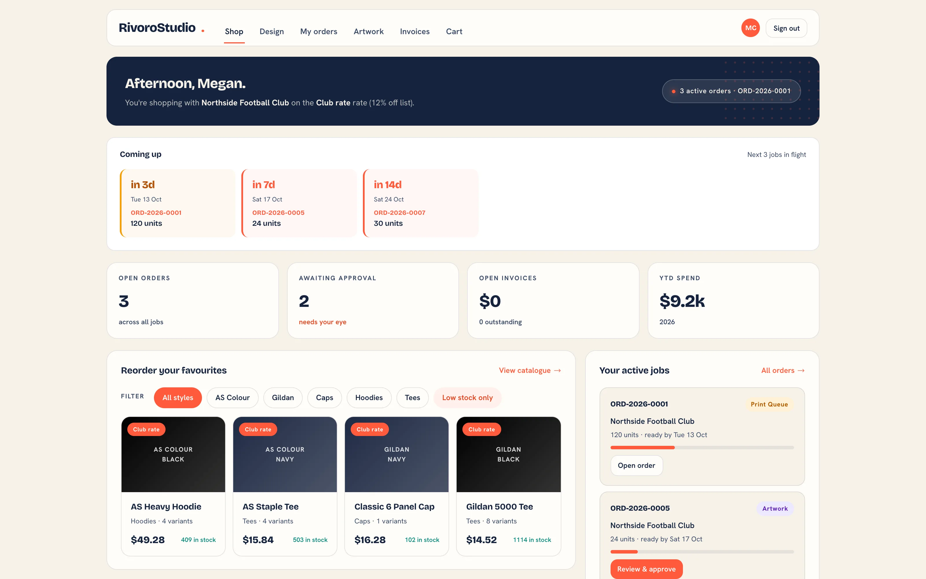 The customer portal home with open orders, approvals and invoices