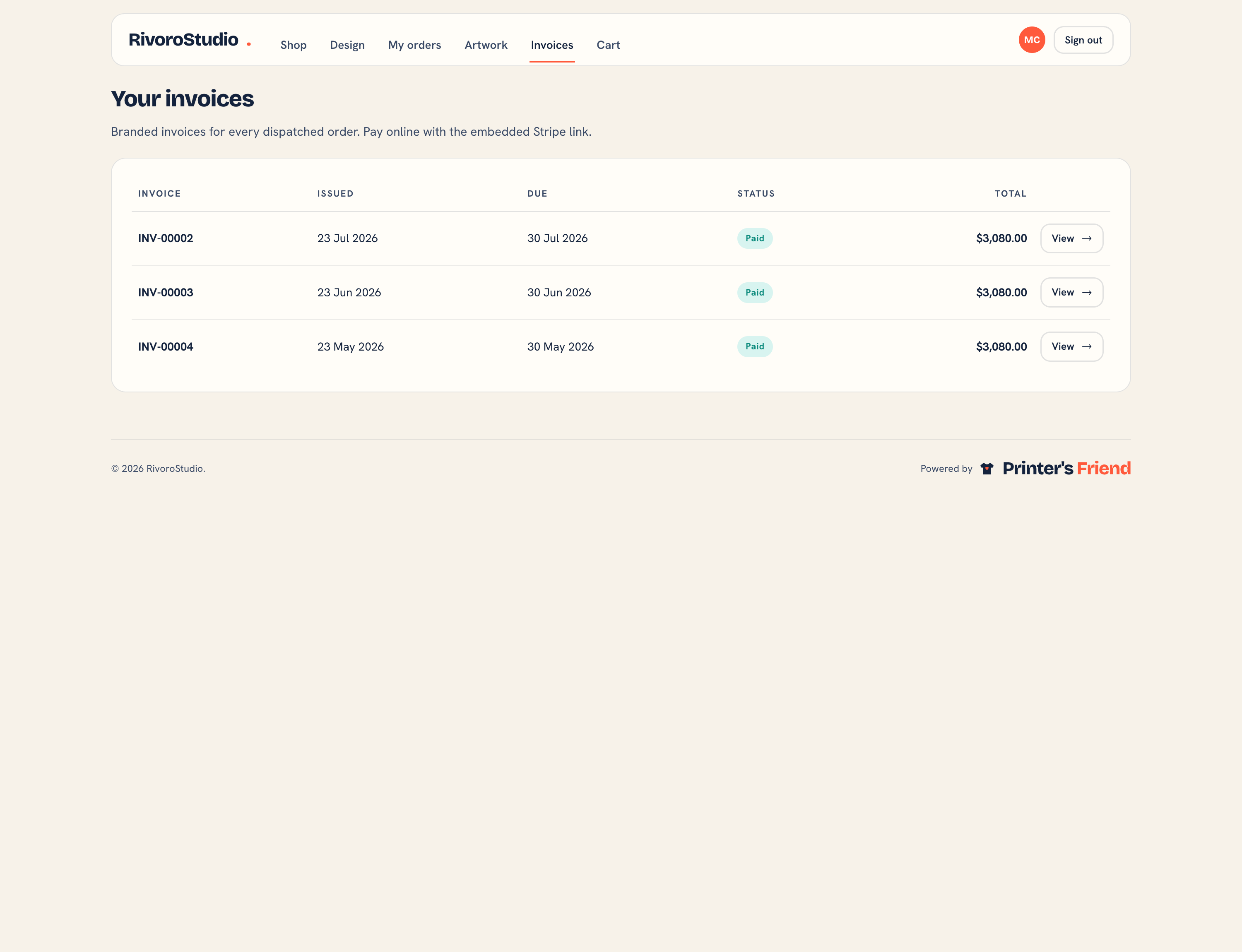 Invoices in the customer portal