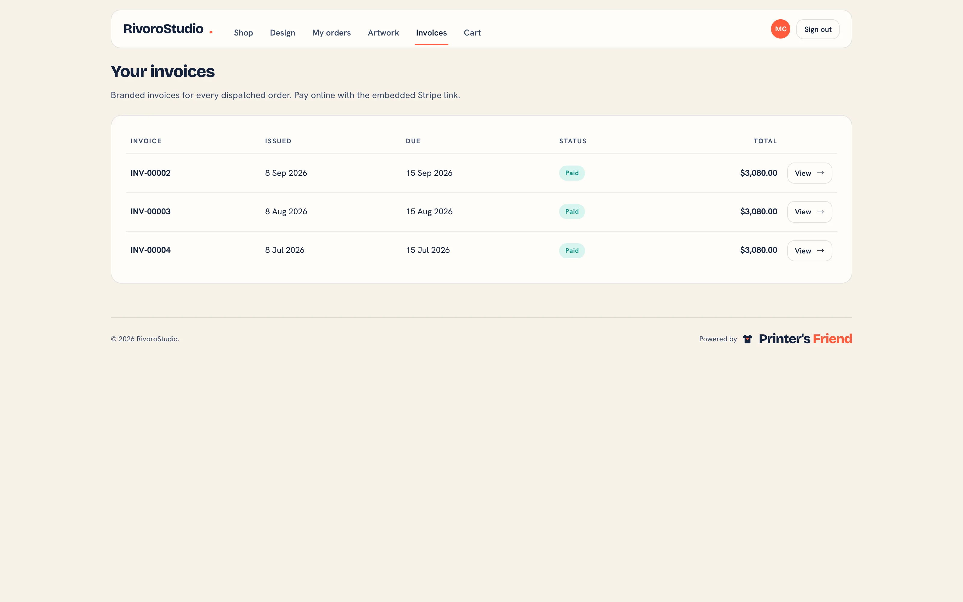 The portal invoices list with each invoice's issue date, due date, status and total