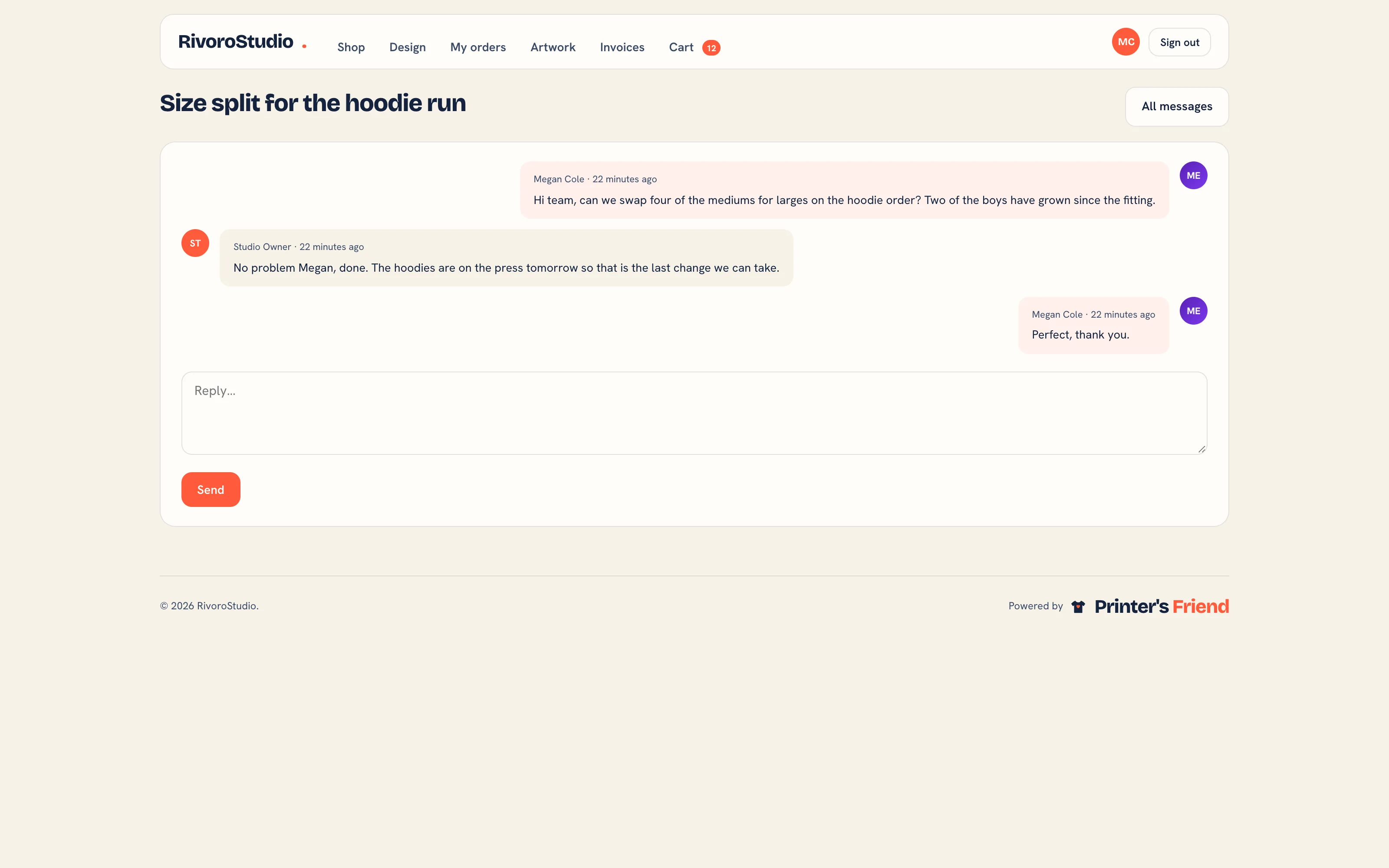 A conversation with the shop in the customer portal