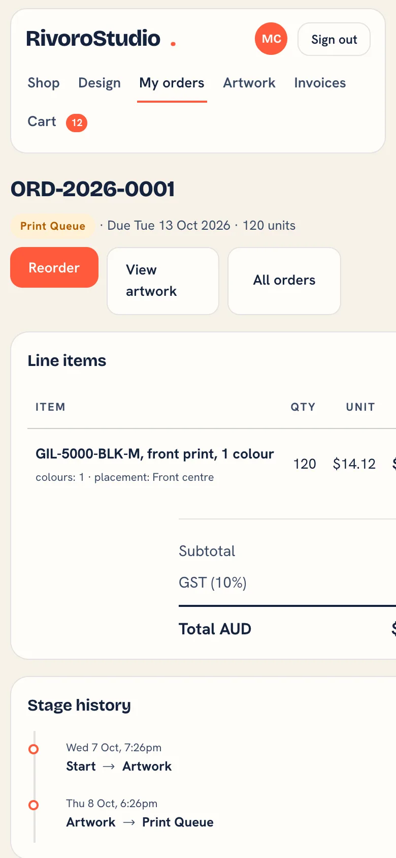 An order in the portal on a phone with its stage, the Reorder button, line items and stage history