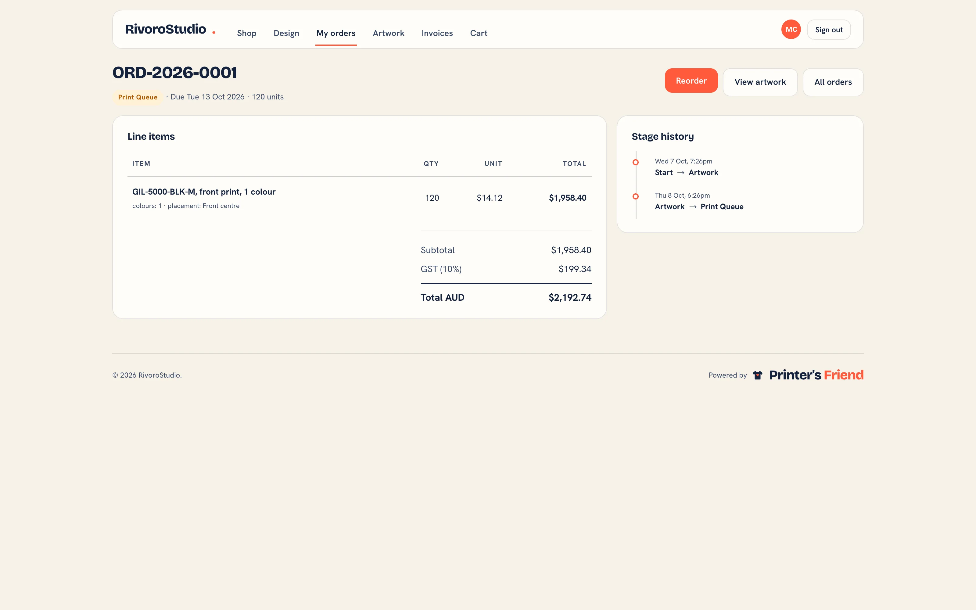 An order in the customer portal with its stage, lines and tracking