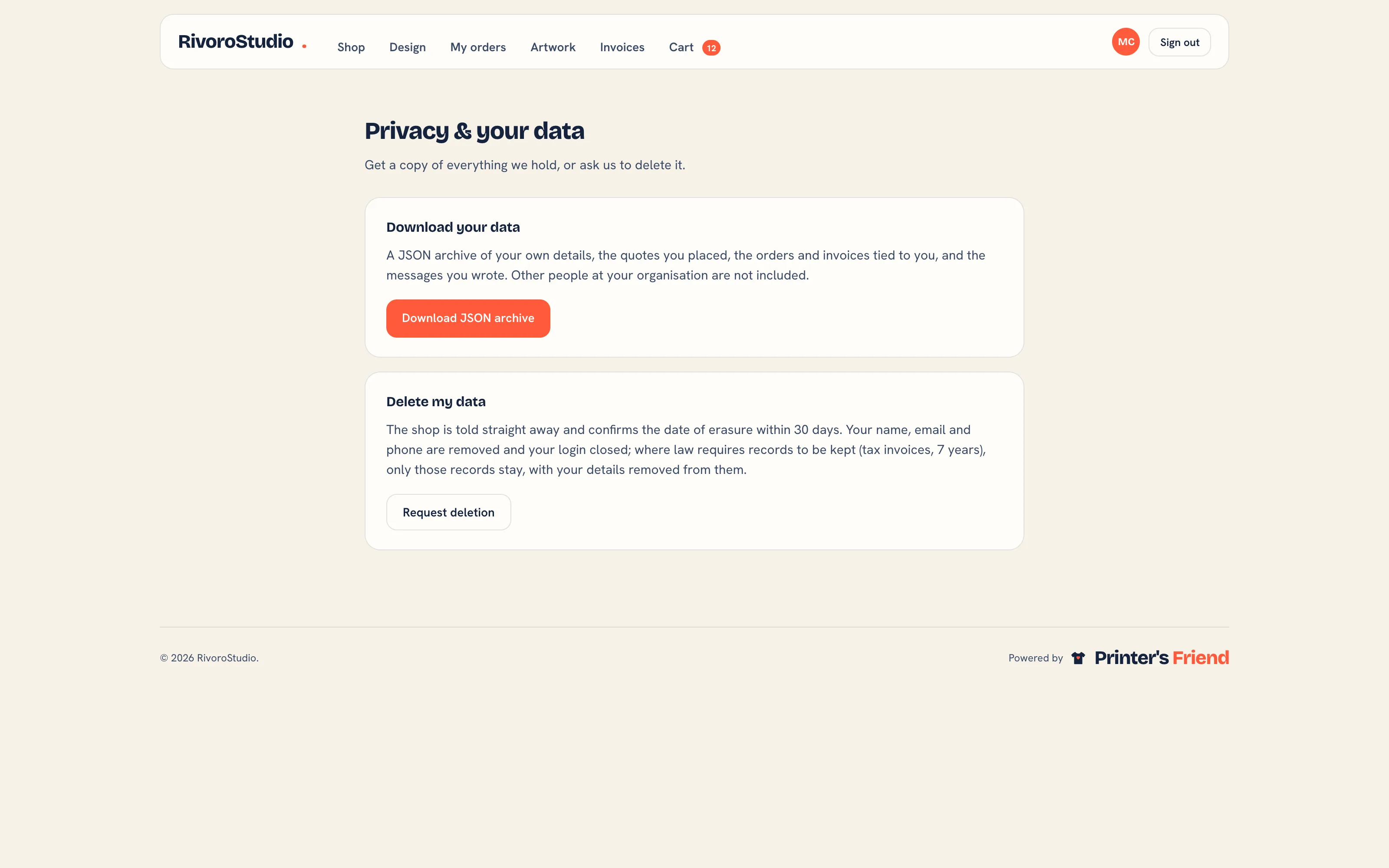 Data and privacy in the portal: export and deletion requests
