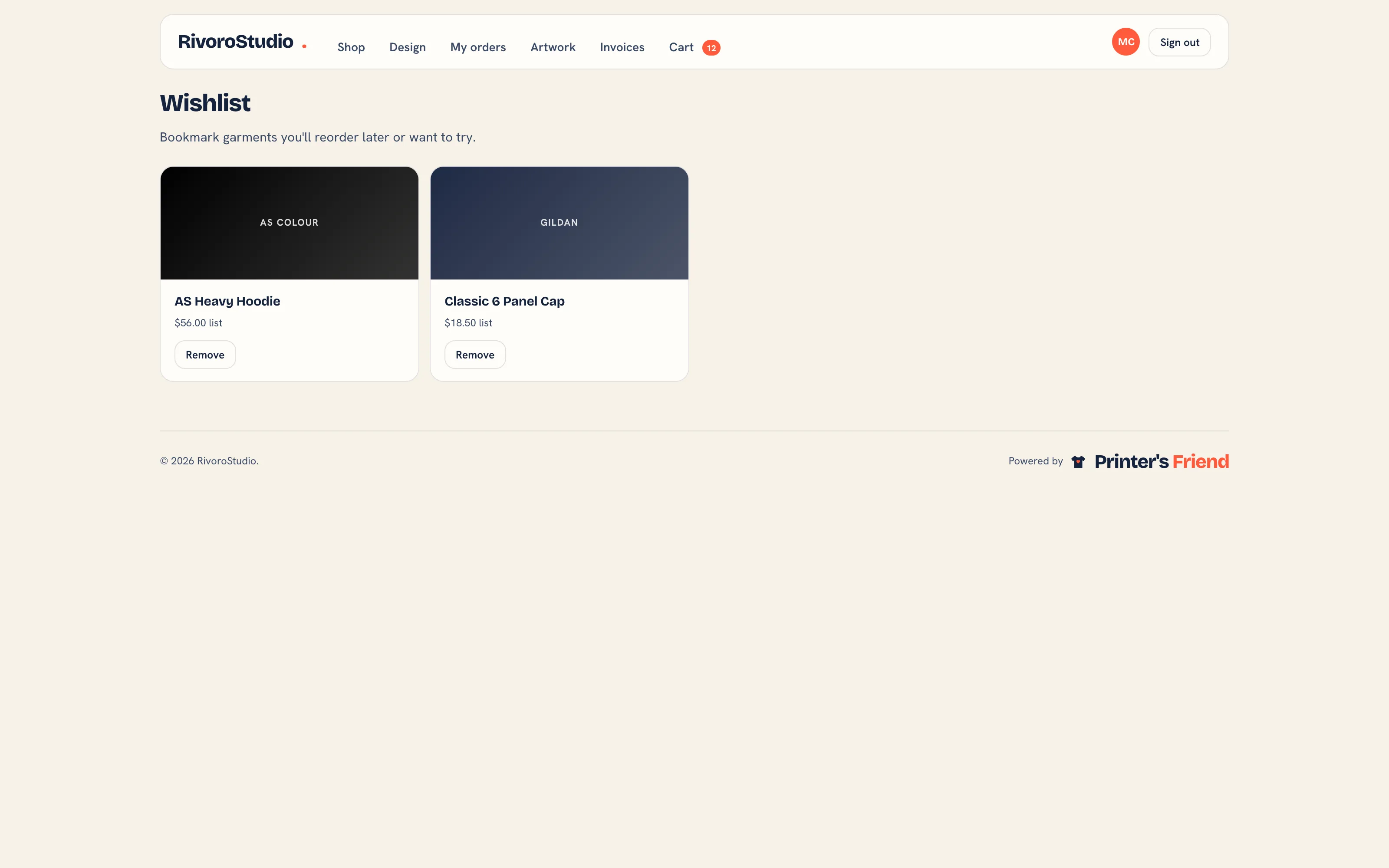 The portal wishlist with saved garment cards and Remove buttons