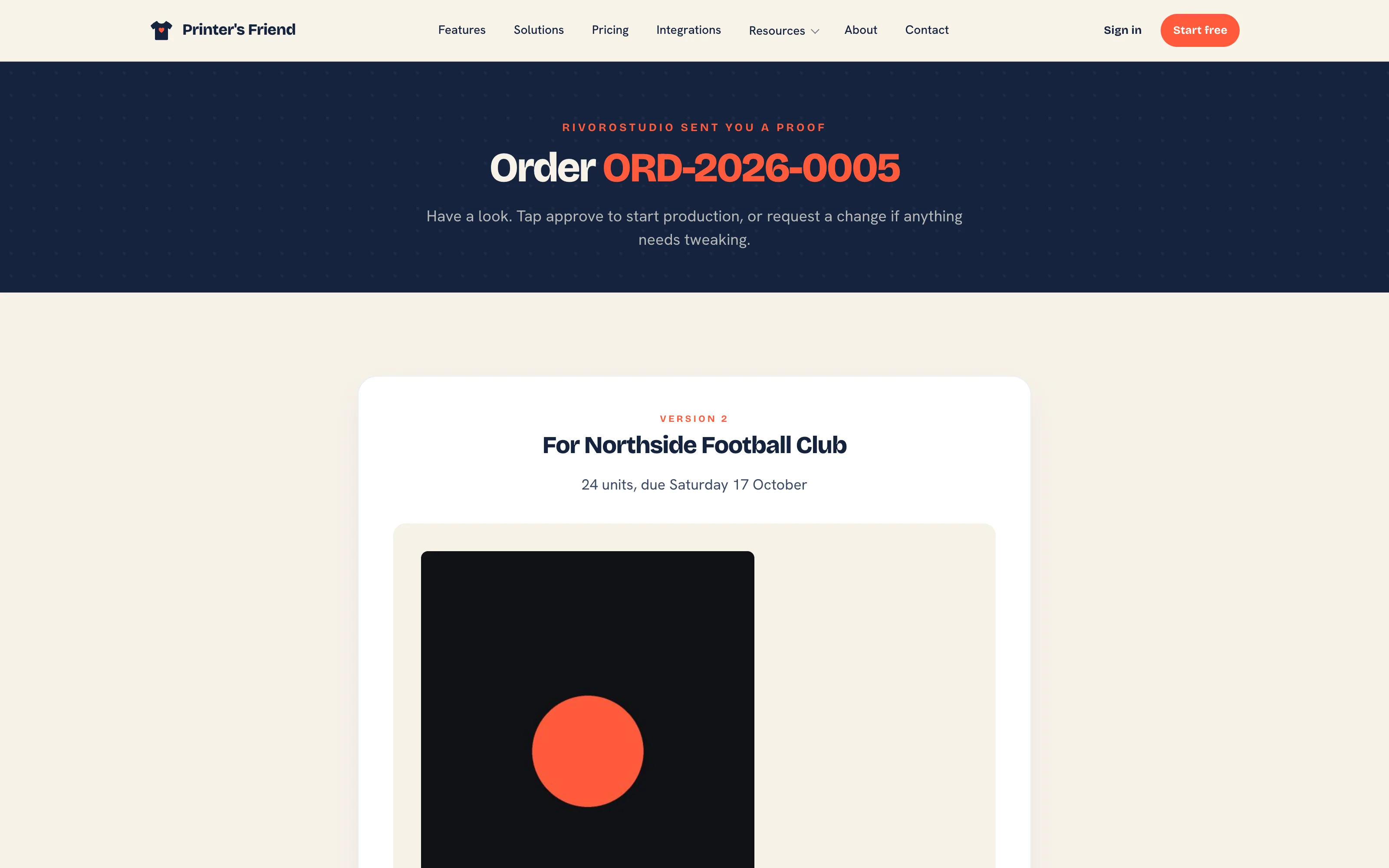 The one-click approval page a customer opens from the proof email
