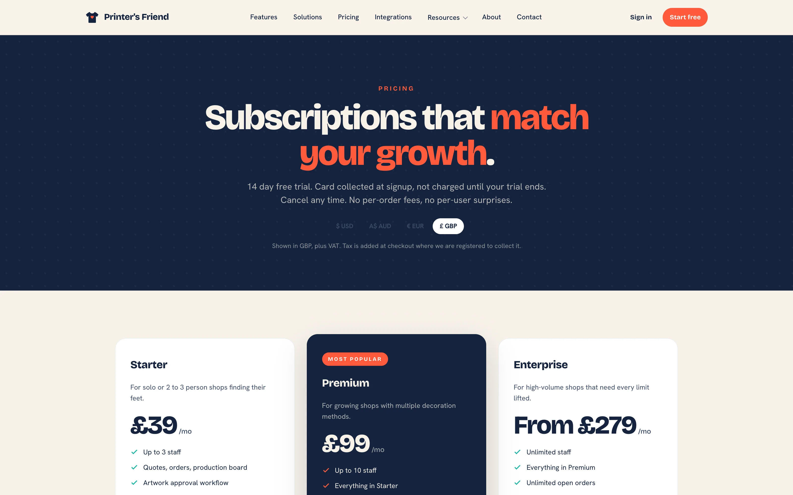 The pricing page on printersfriend.com showing the Starter, Premium and Enterprise plans with monthly prices