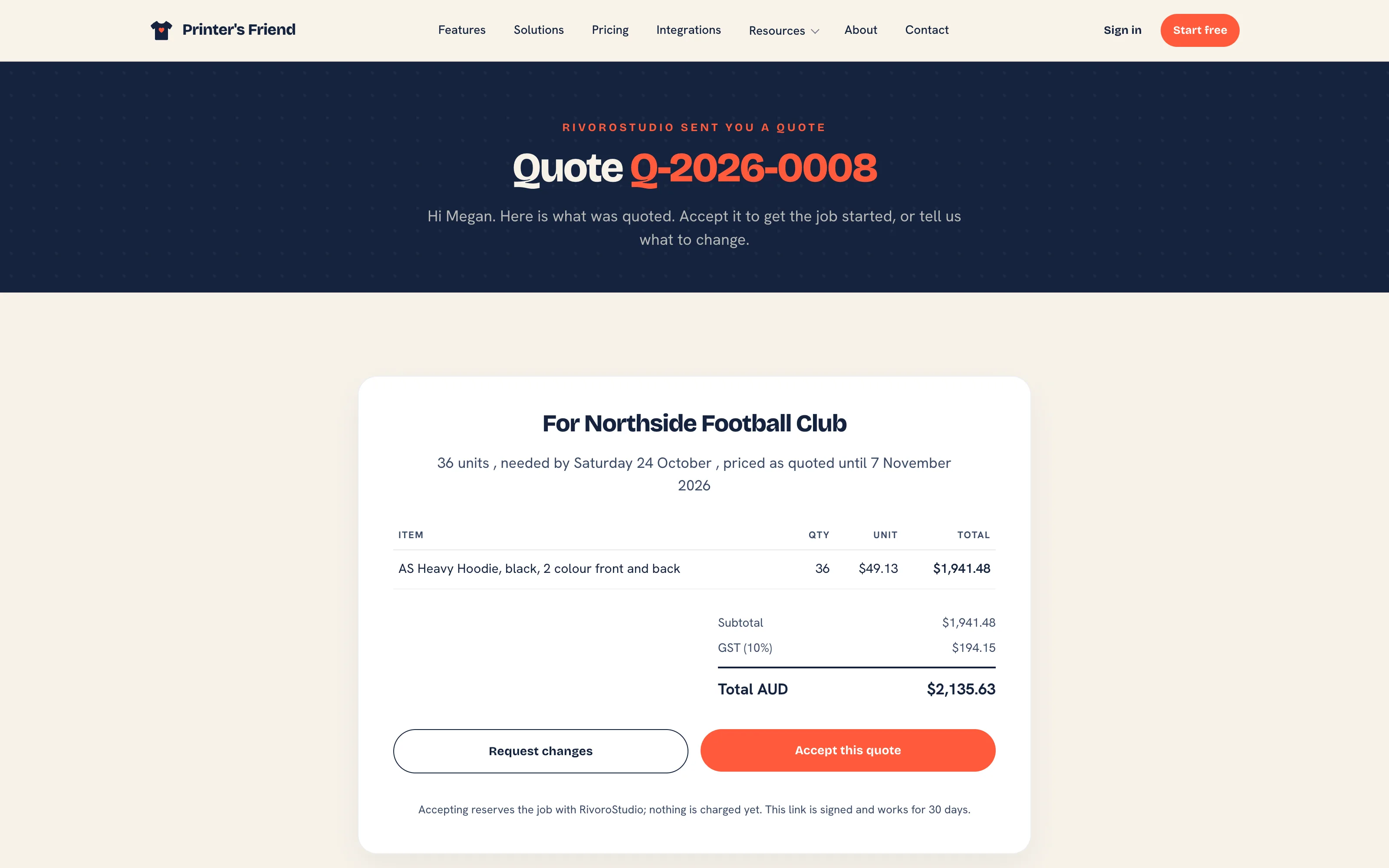 The customer side of a quote: the lines, the totals and the Accept this quote and Request changes buttons