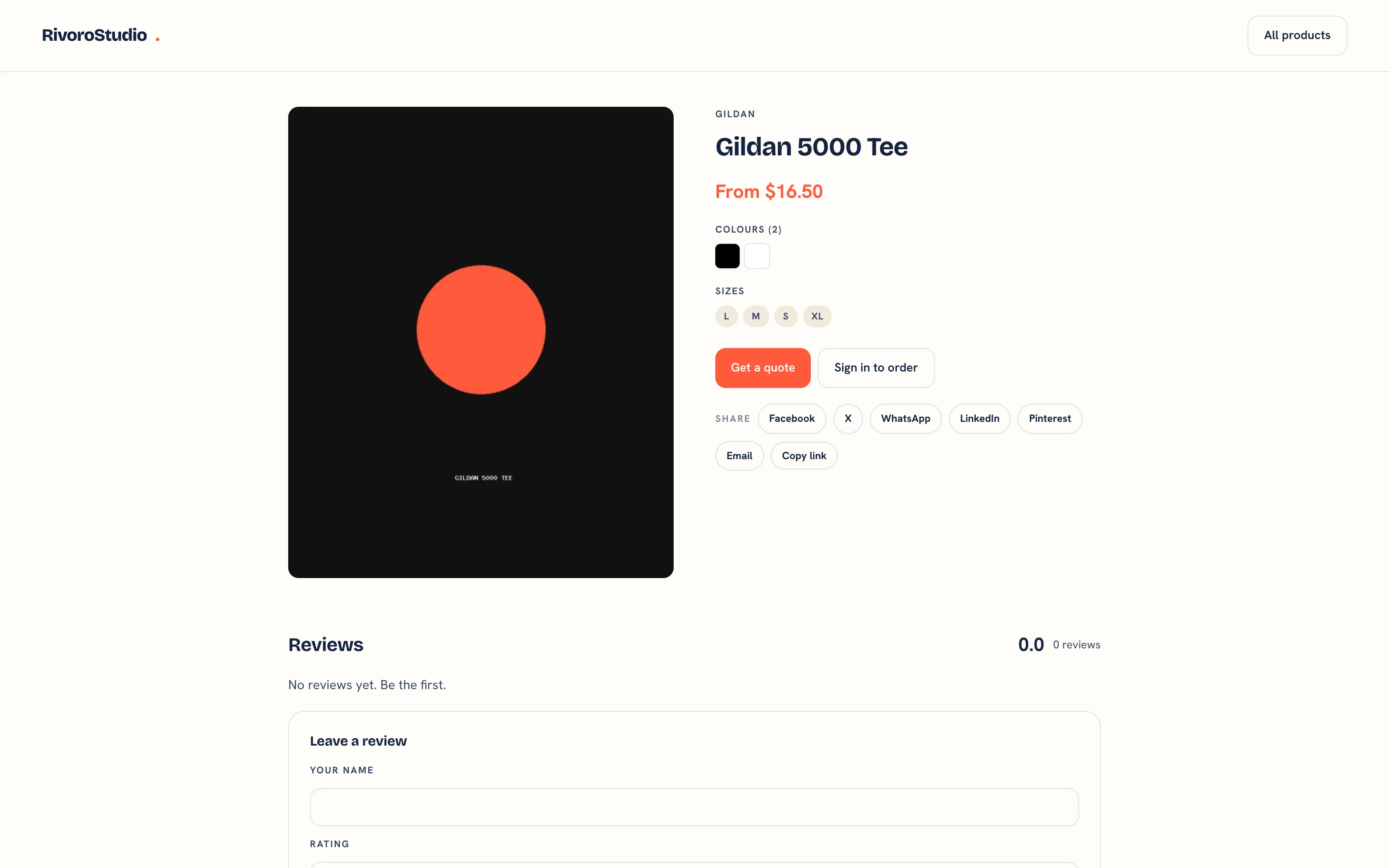 A product page in the public shop with sizes, the order buttons and the reviews section