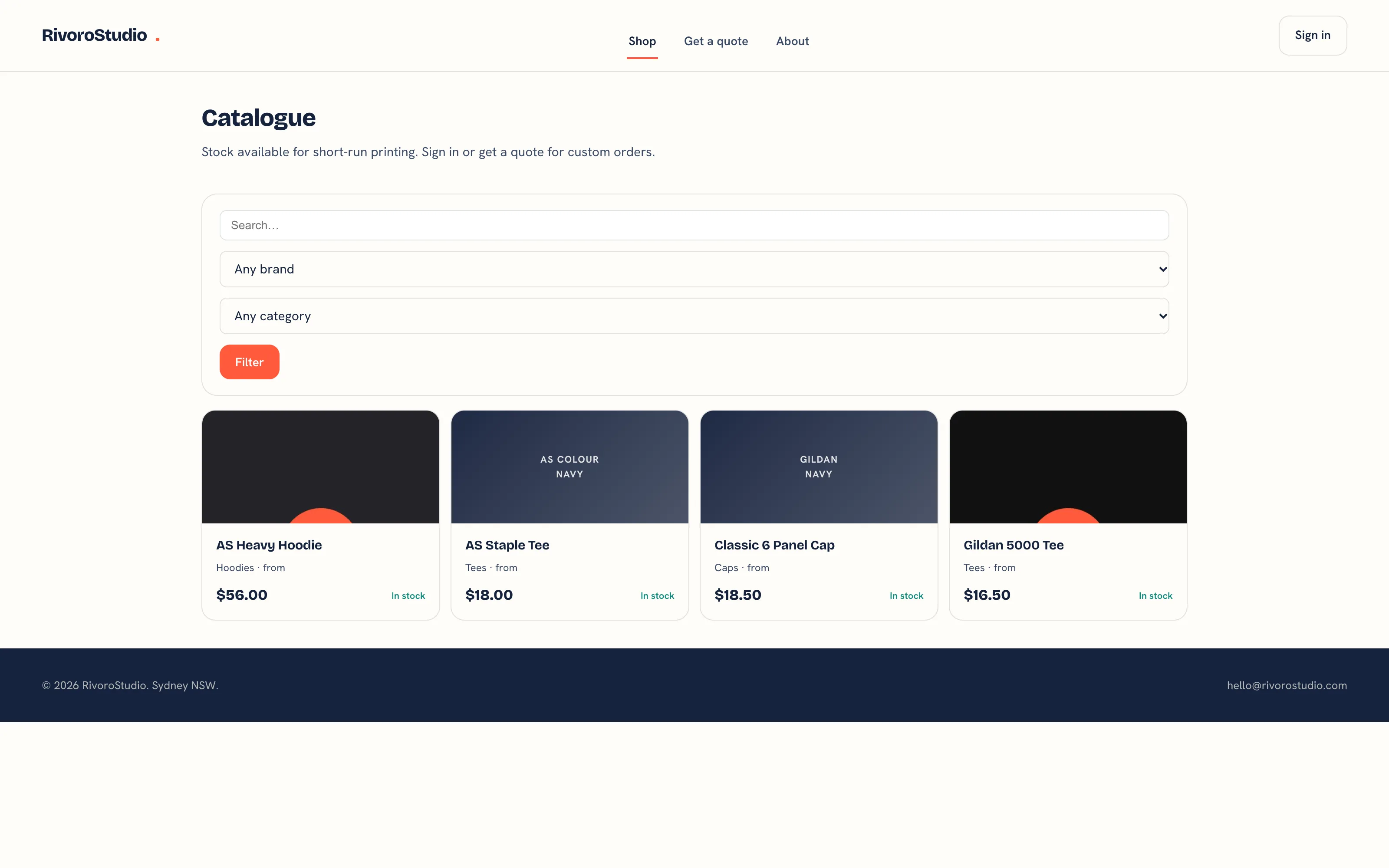 The public shop catalogue with search, brand and category filters and product cards