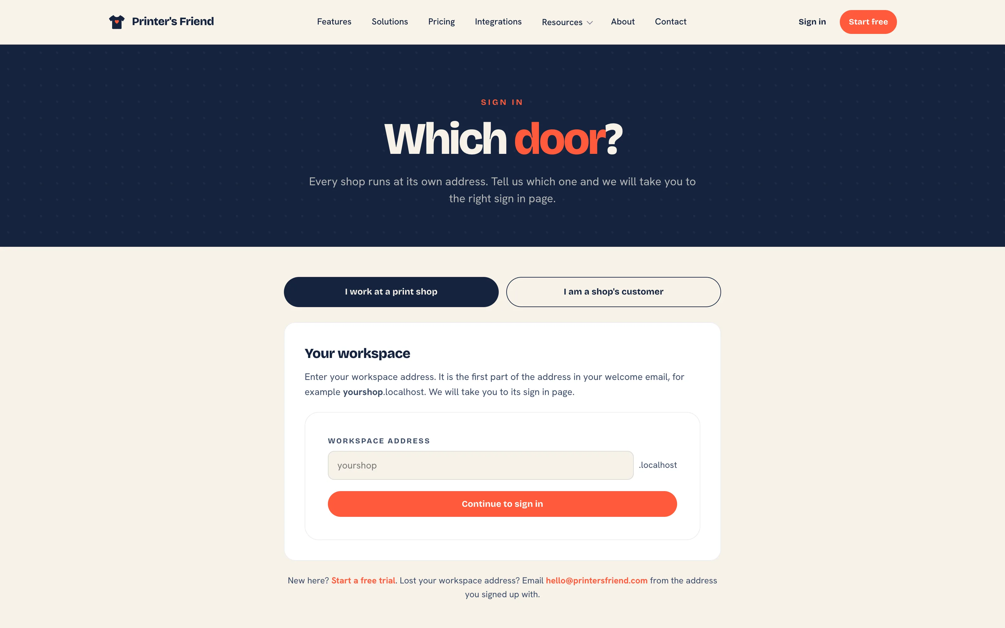 The sign-in chooser on printersfriend.com with one path for staff and one for customers