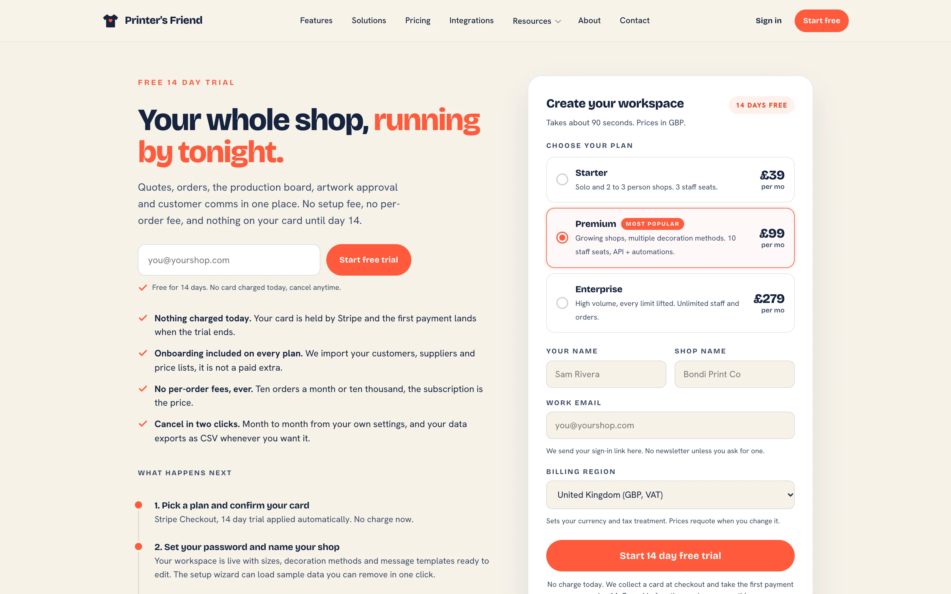 The signup form on printersfriend.com with the plan choice, shop details and the Start free trial button