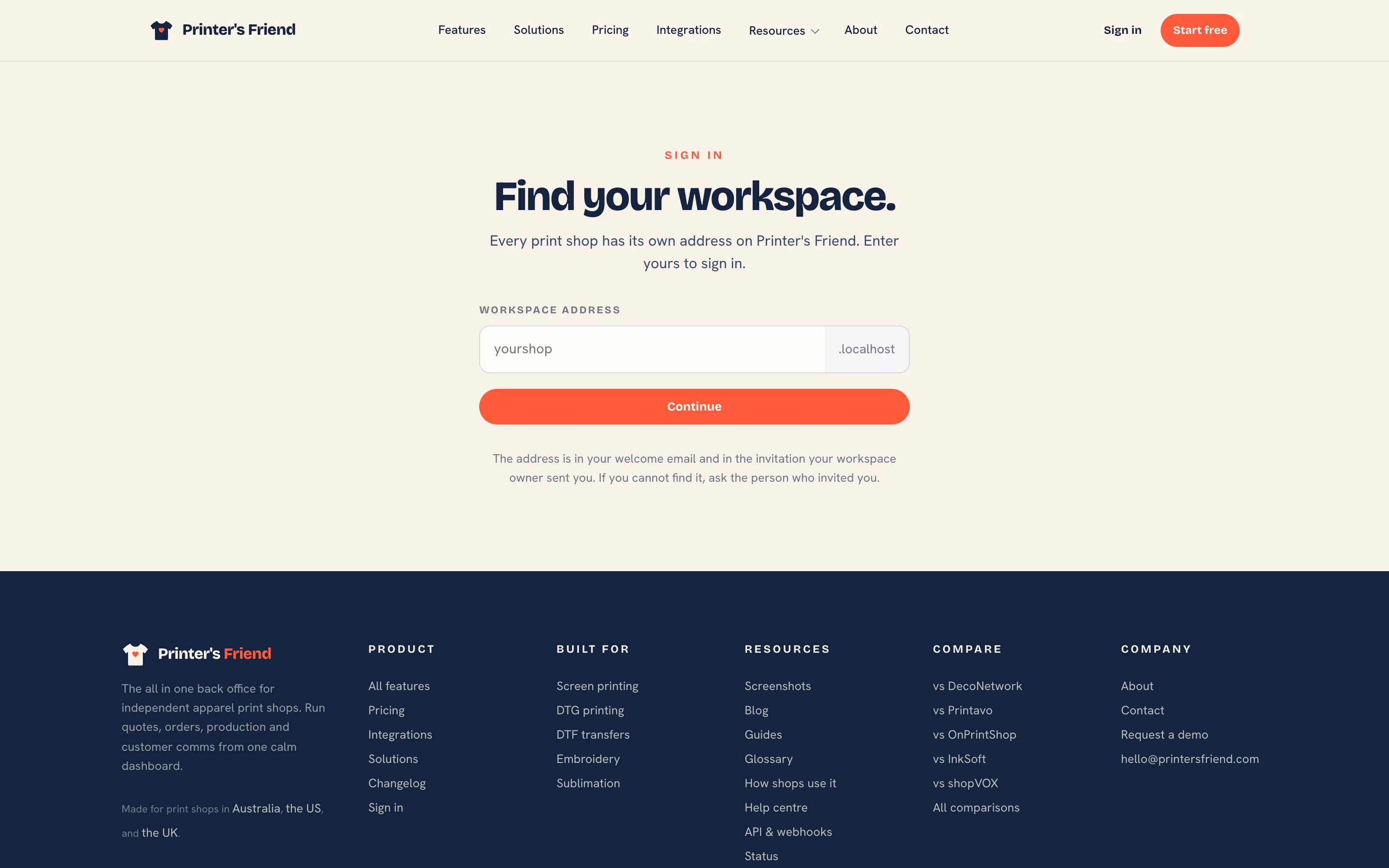 The workspace finder on printersfriend.com asking for the shop name