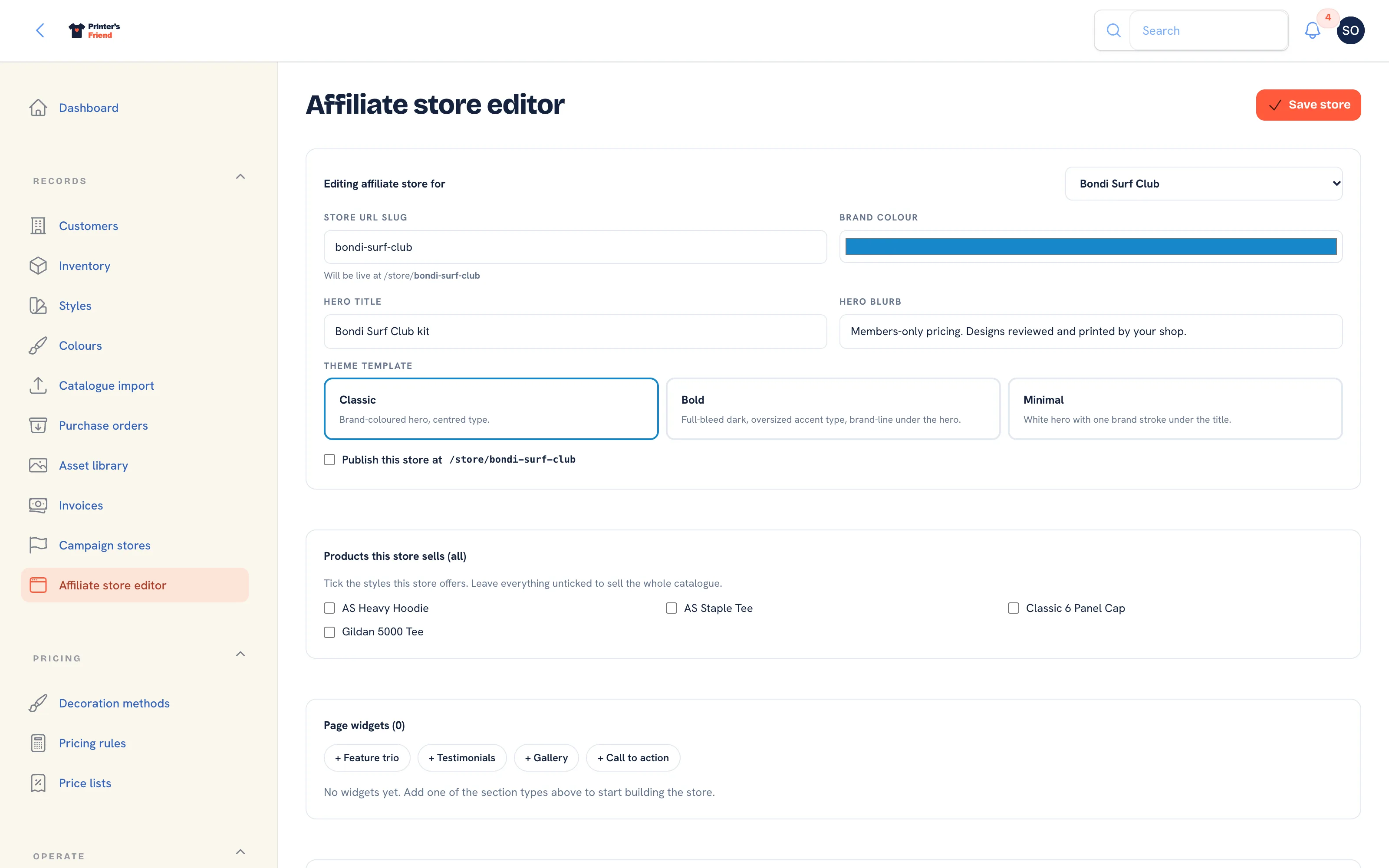 The affiliate store editor with the customer picker, slug, brand colour, hero fields, theme templates and the publish checkbox