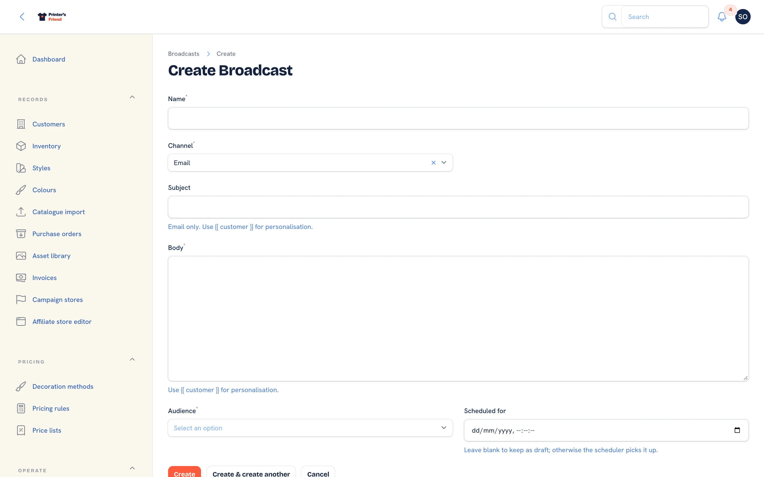 Writing a broadcast with the name, channel, subject, body, audience and schedule fields