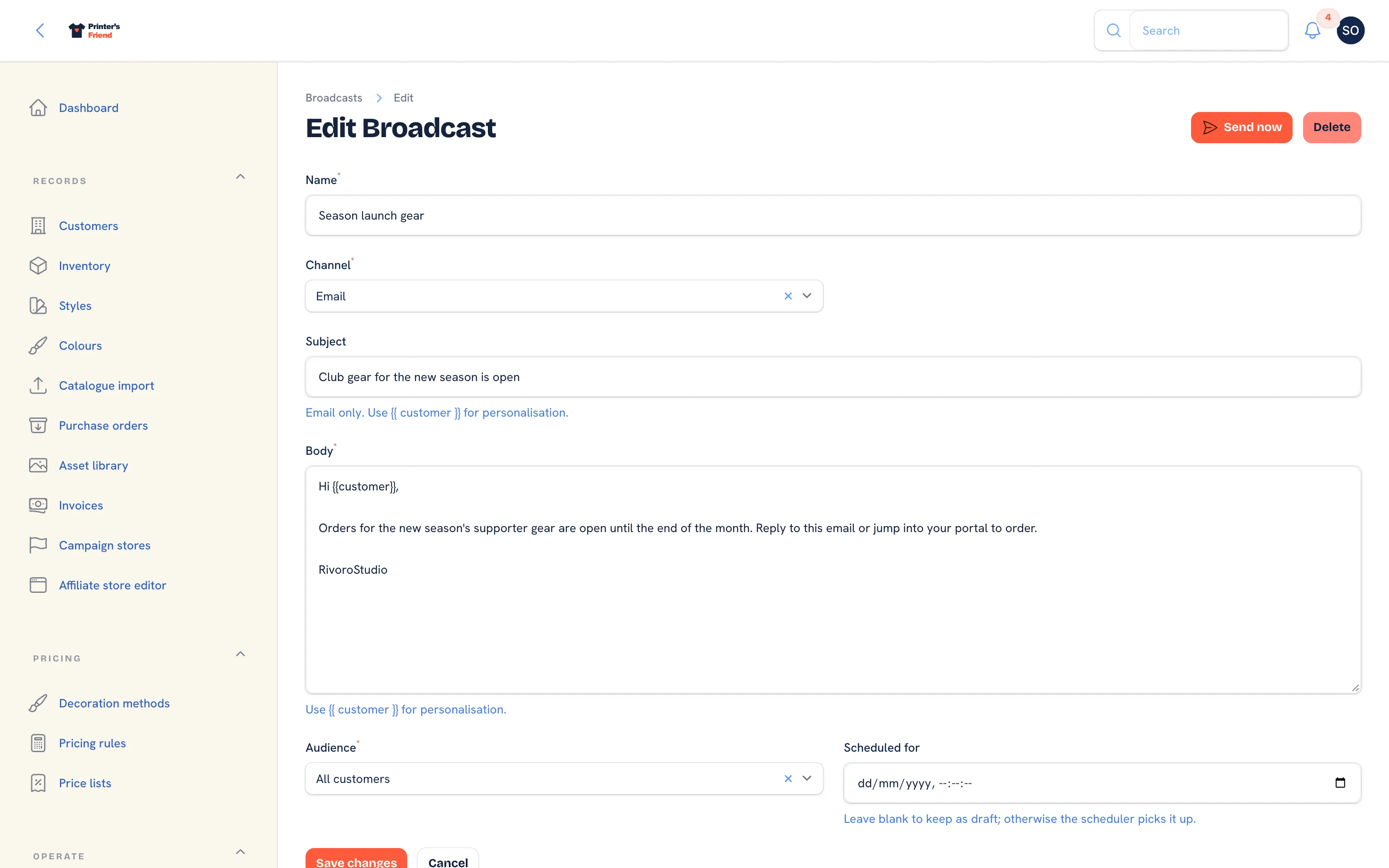 A draft broadcast on its edit page with the Send now and Delete actions and the audience