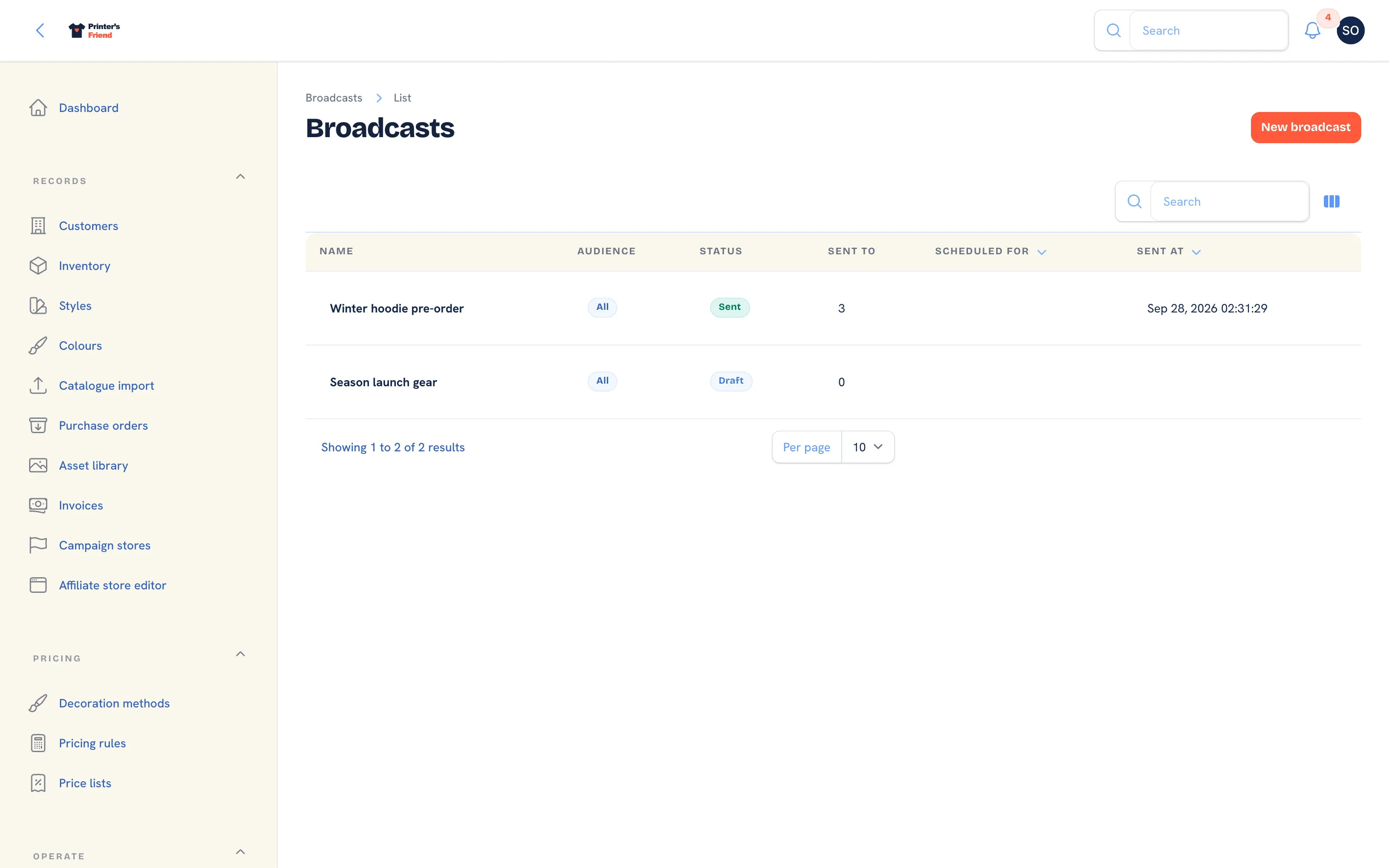 The broadcasts list with audience, status and sent to columns