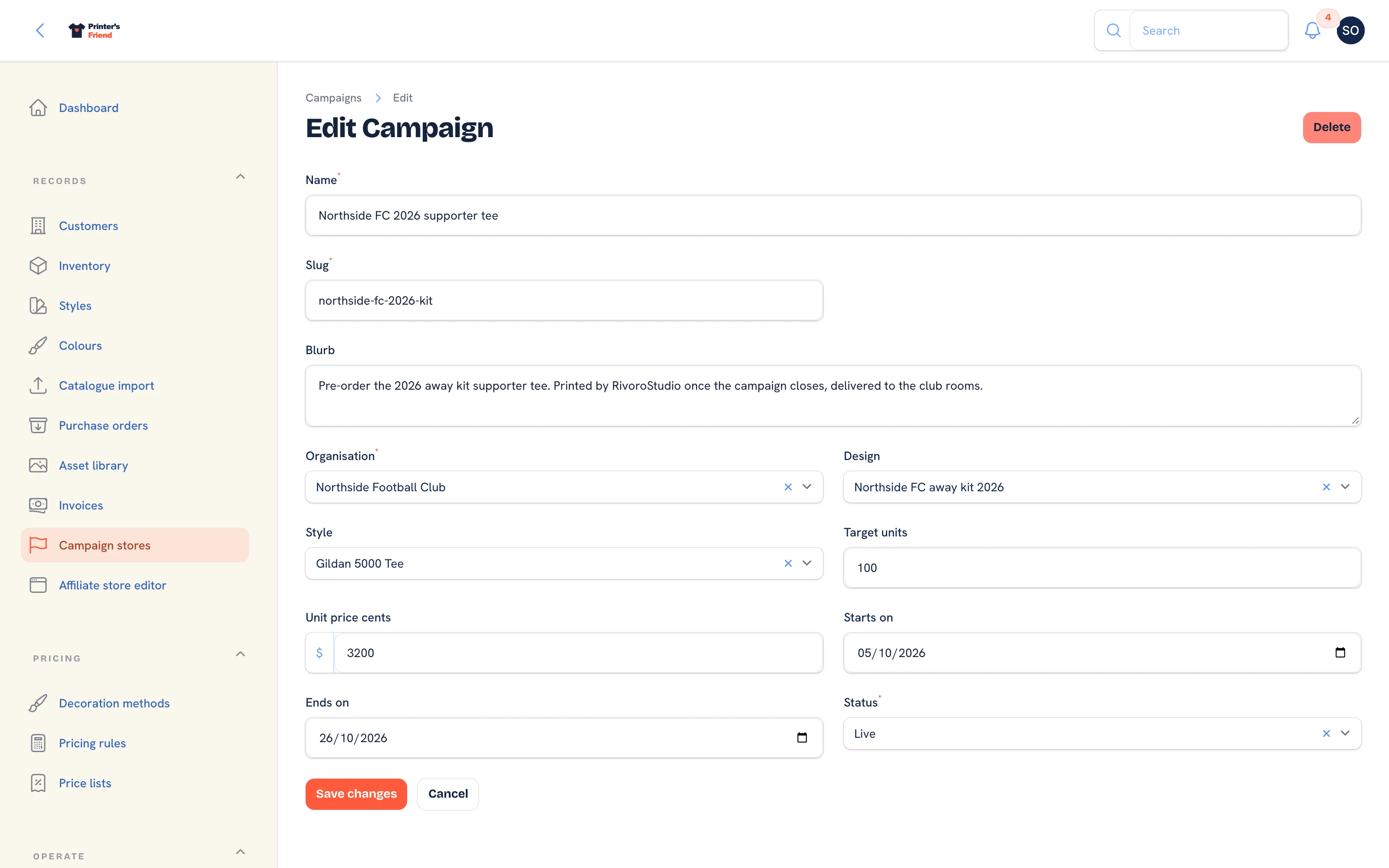 A live campaign on the edit page with its target, sold units and dates