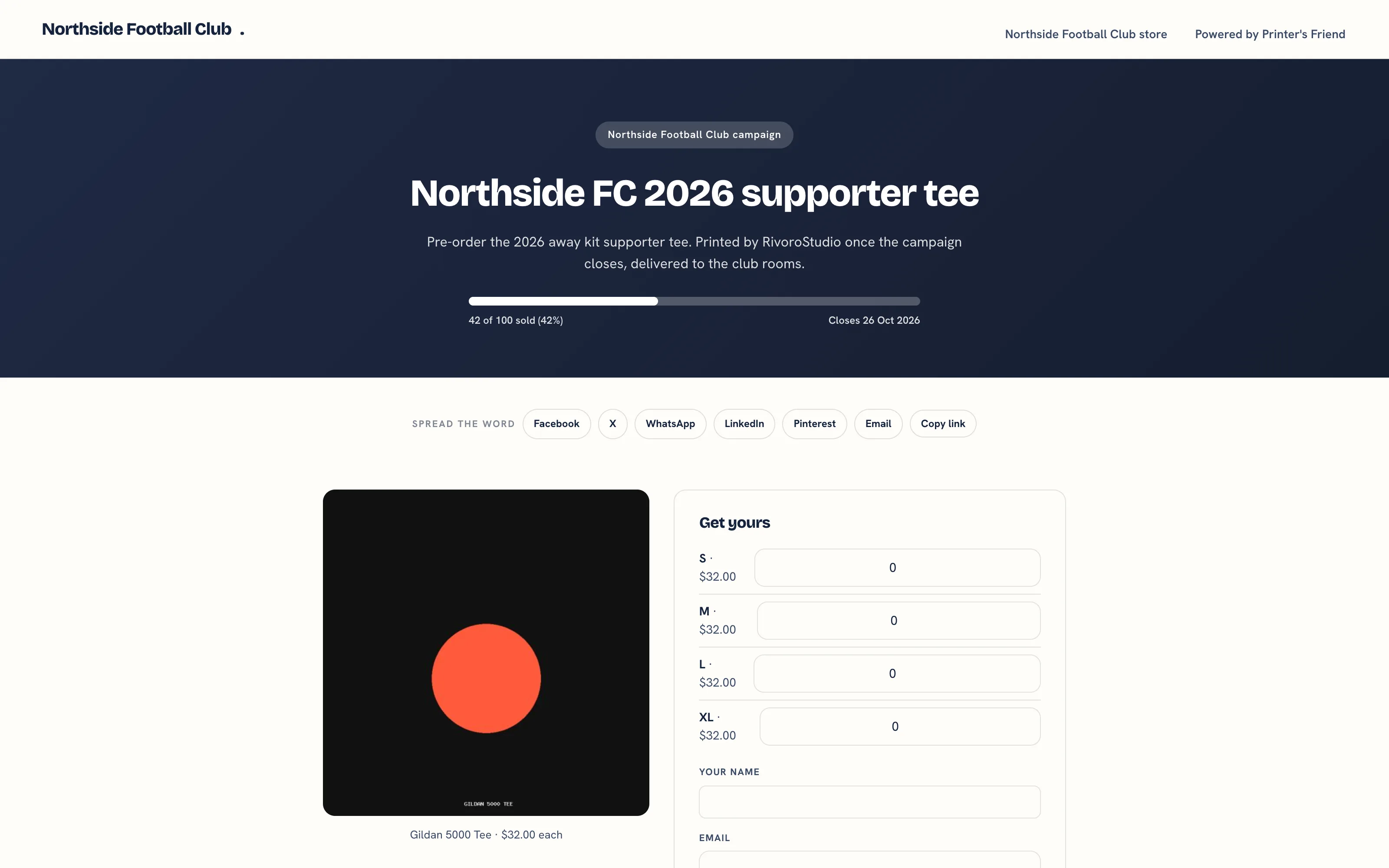 The public campaign page with the progress bar, product tile, size quantities and the Back this run button