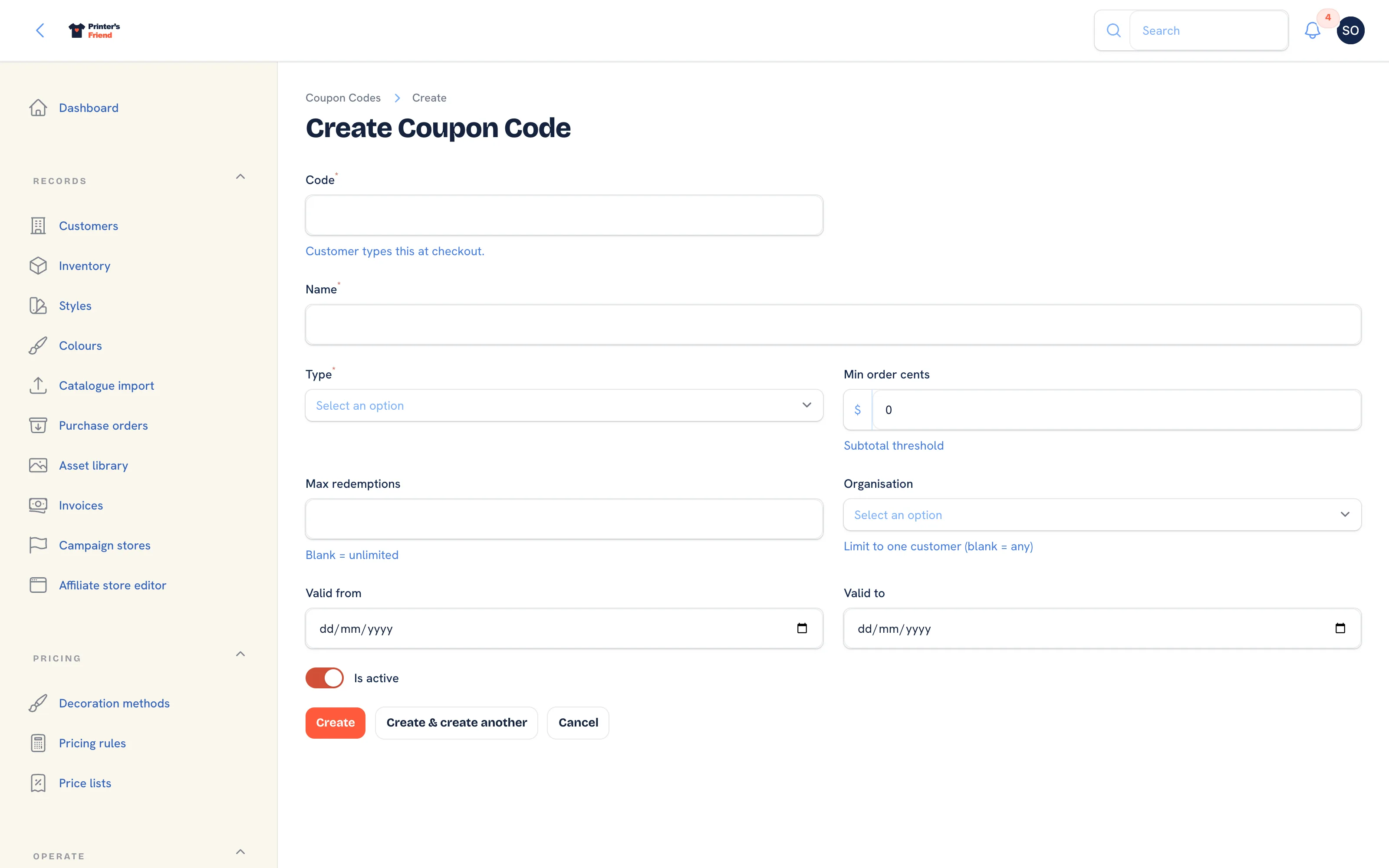 Creating a coupon code with the code, name, type, value, minimum order, redemption cap, customer and dates