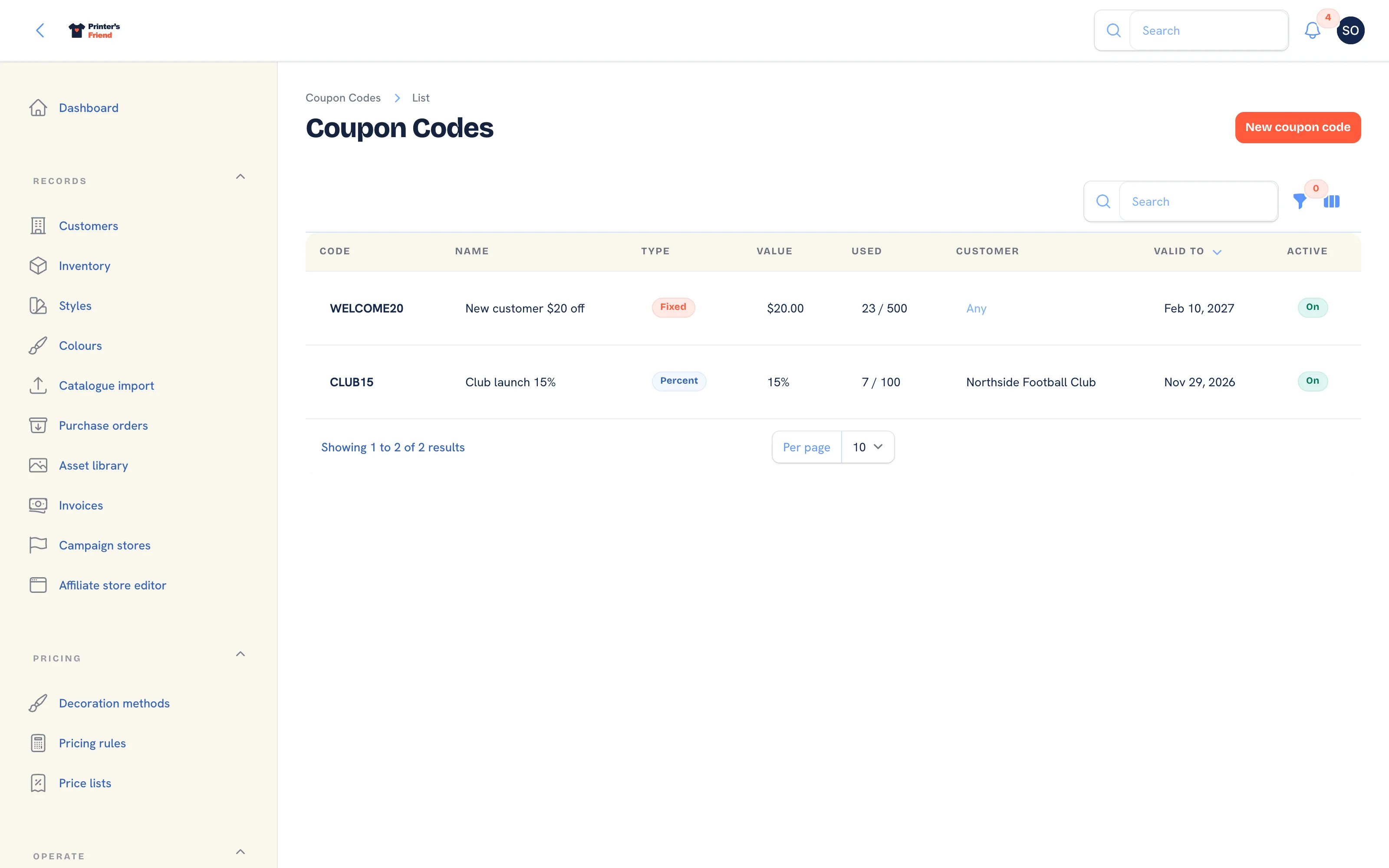 The coupon codes list with code, type, value, uses, customer, expiry and active badge