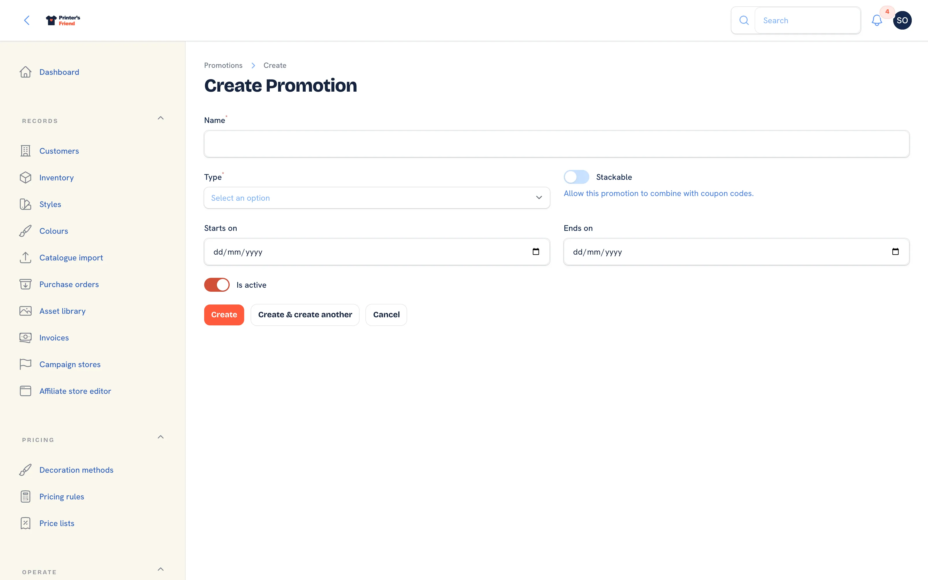 Creating a promotion with the name, type, parameters, stackable switch, dates and active toggle