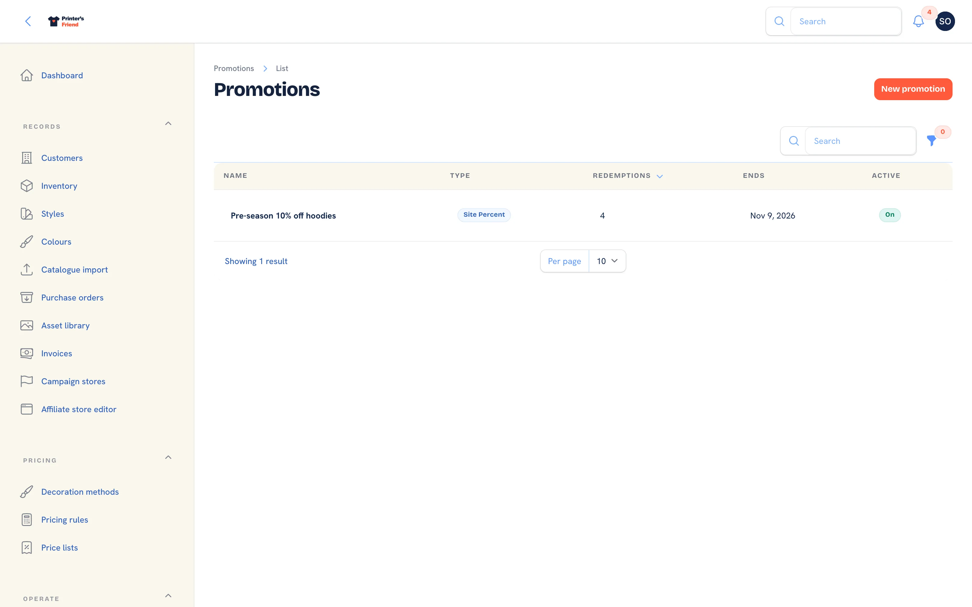 The promotions list with type badges, redemptions, end dates and active badges