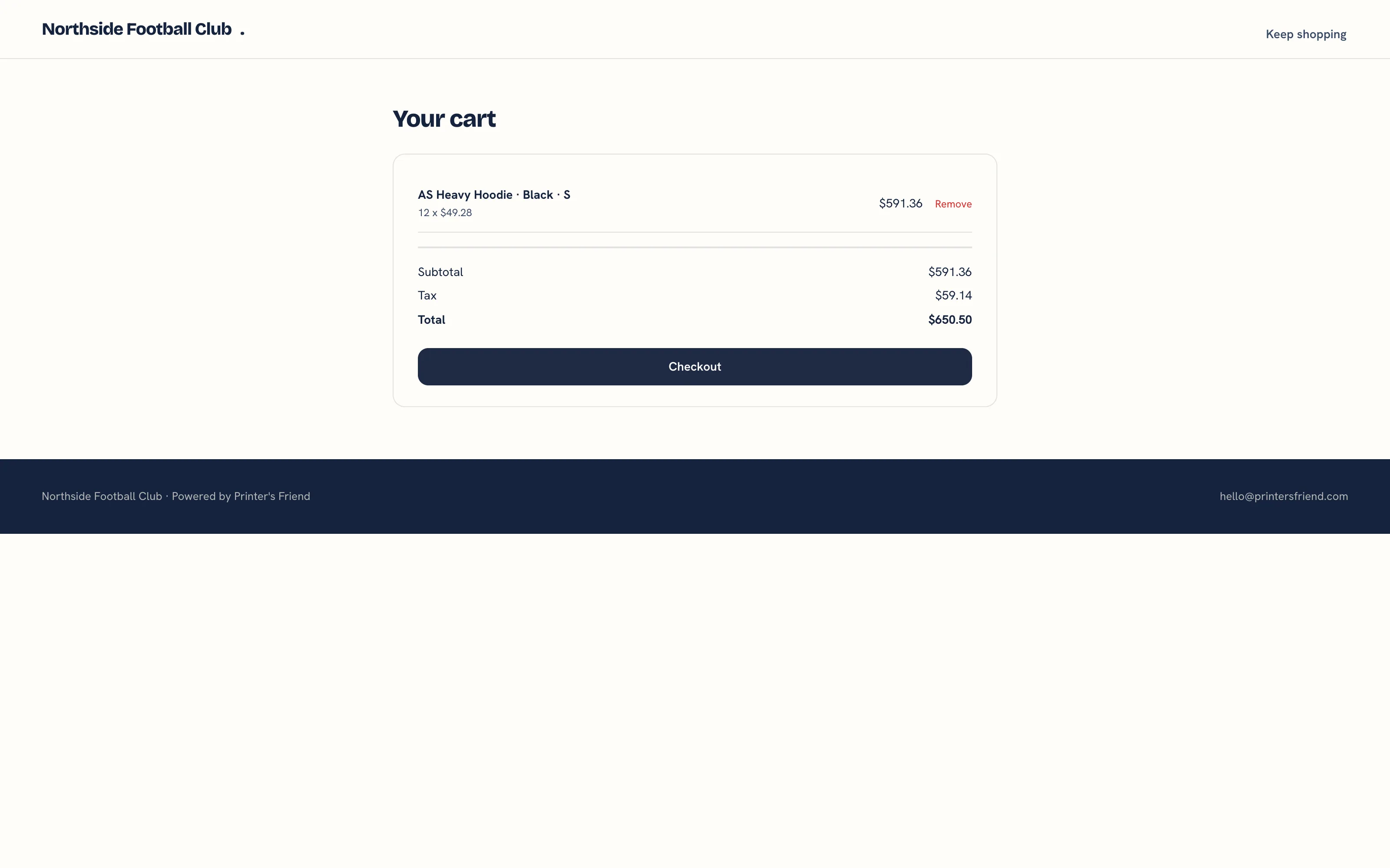 The team store cart with lines, subtotal, tax, total and the Checkout button