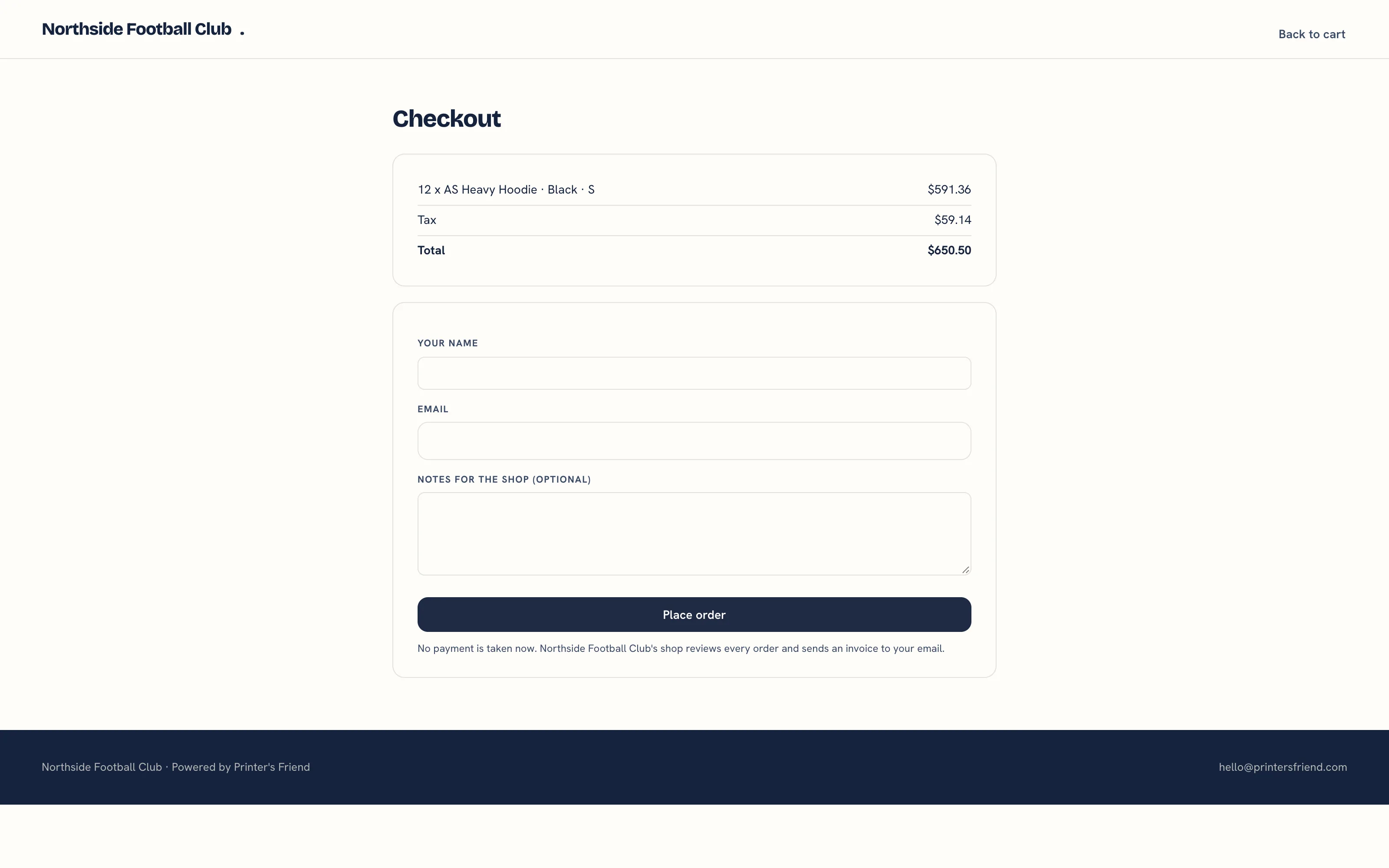 The team store checkout with the order summary and the name, email and notes fields