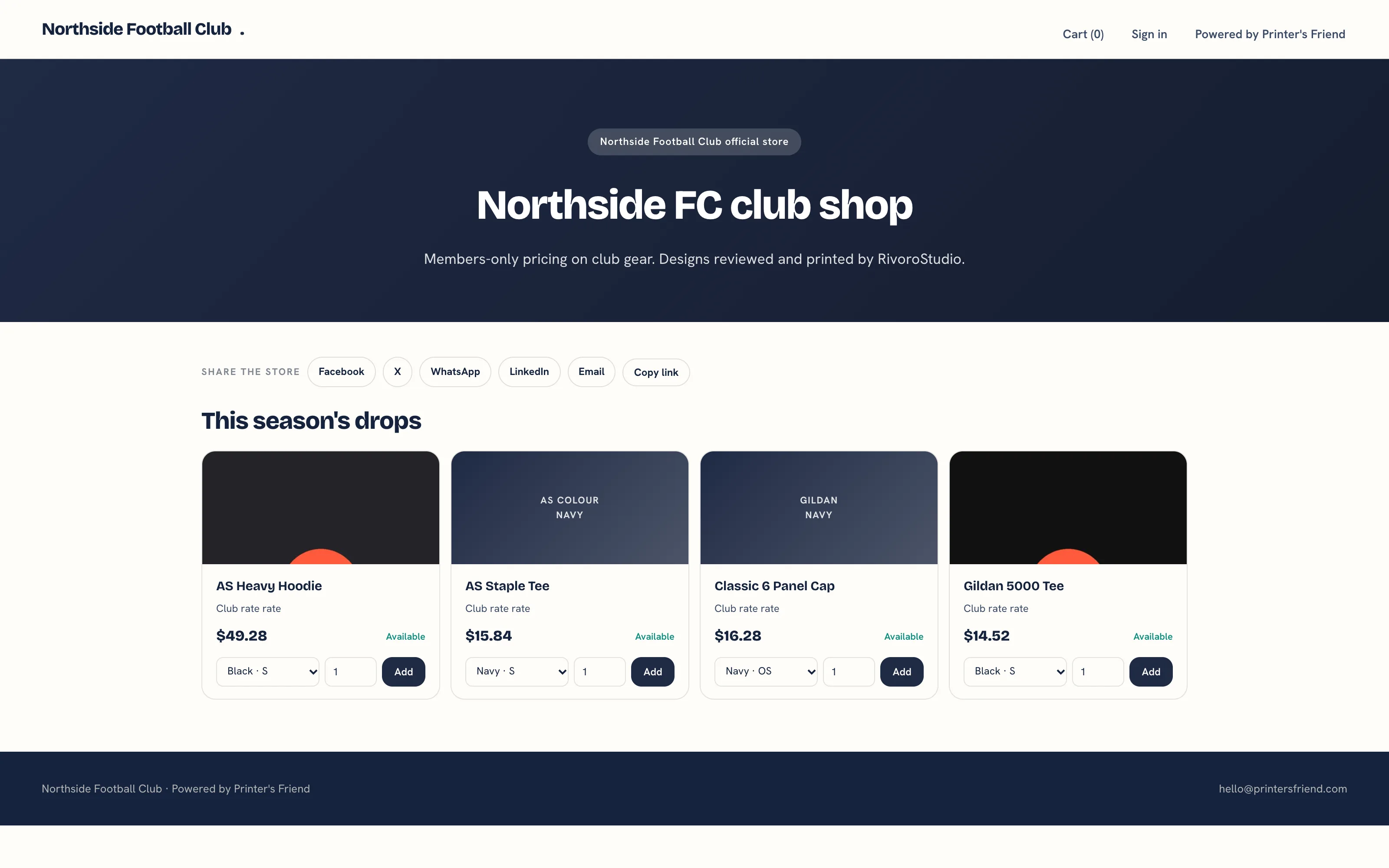A published affiliate team store with its branded hero, the product grid at the customer's rate and add to cart controls