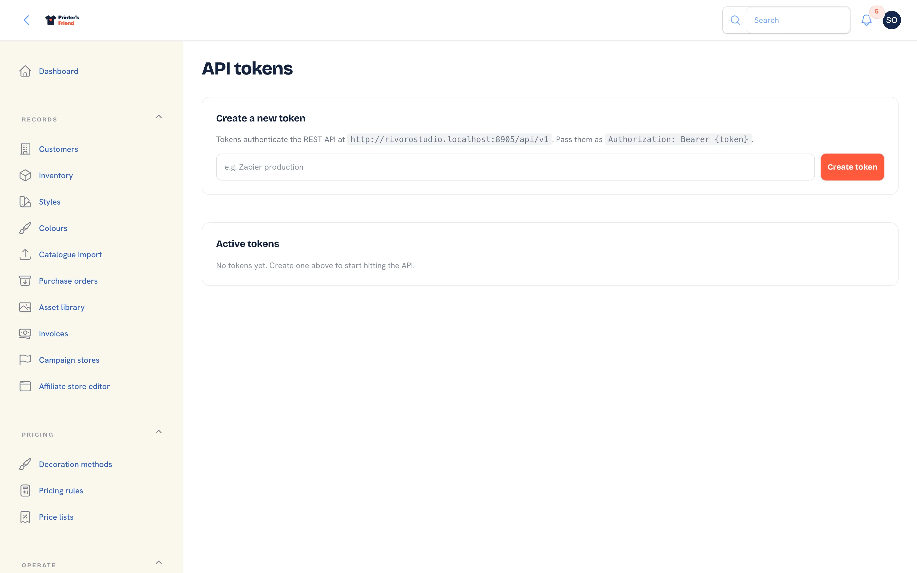 The API tokens page listing each token with its name and expiry