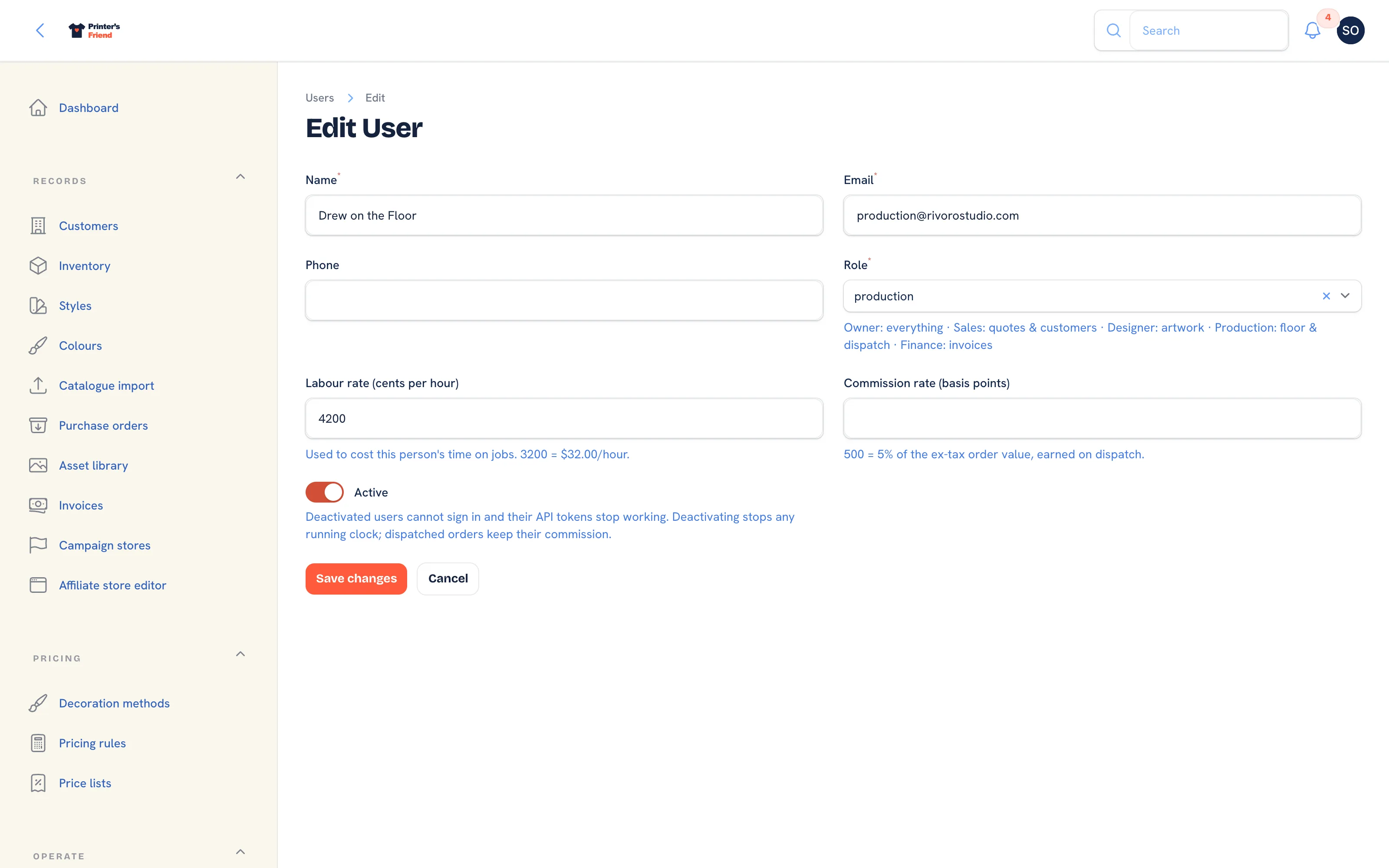 Editing a team member: role, rate and access
