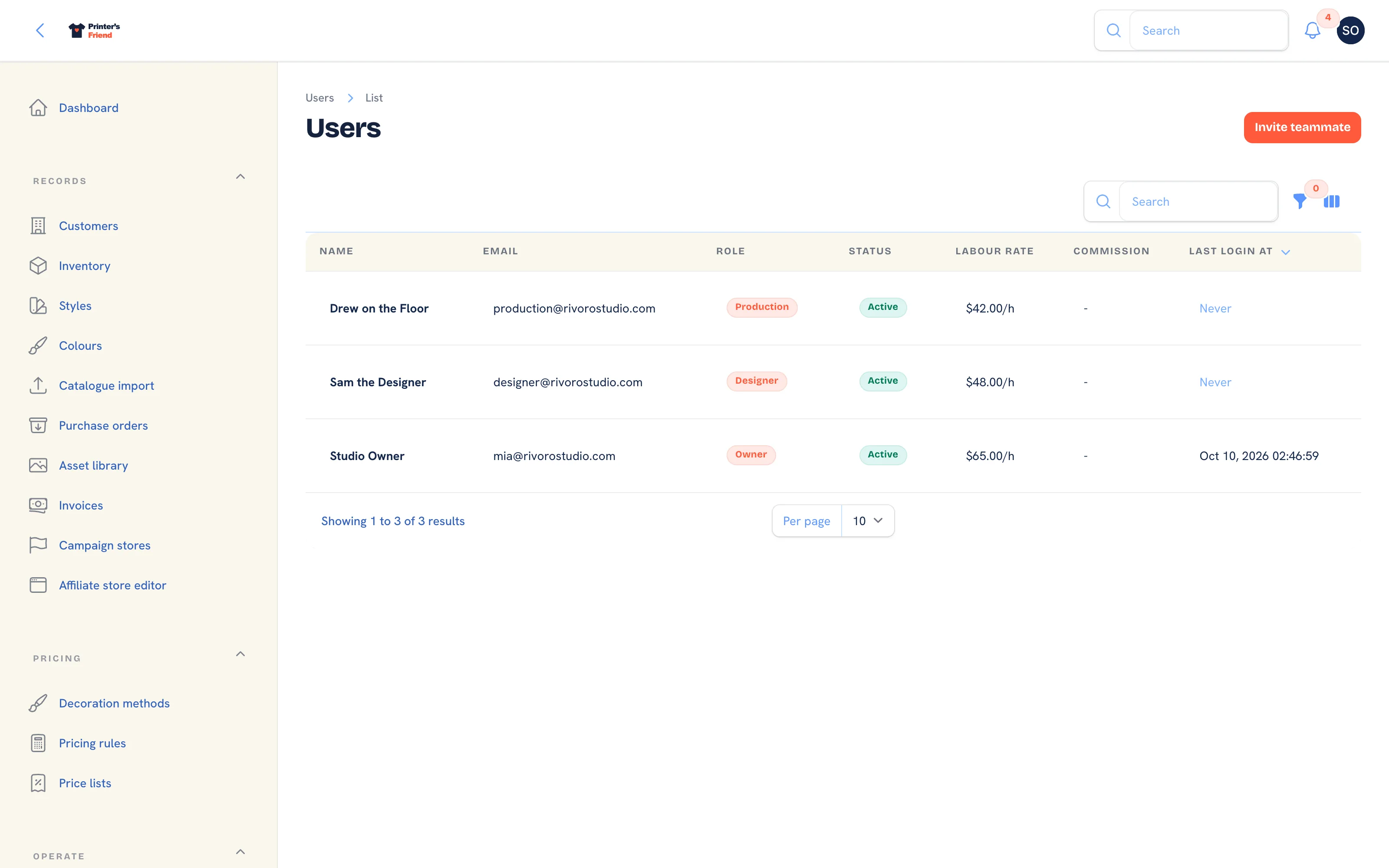 Team members and roles with status, rates and last sign-in