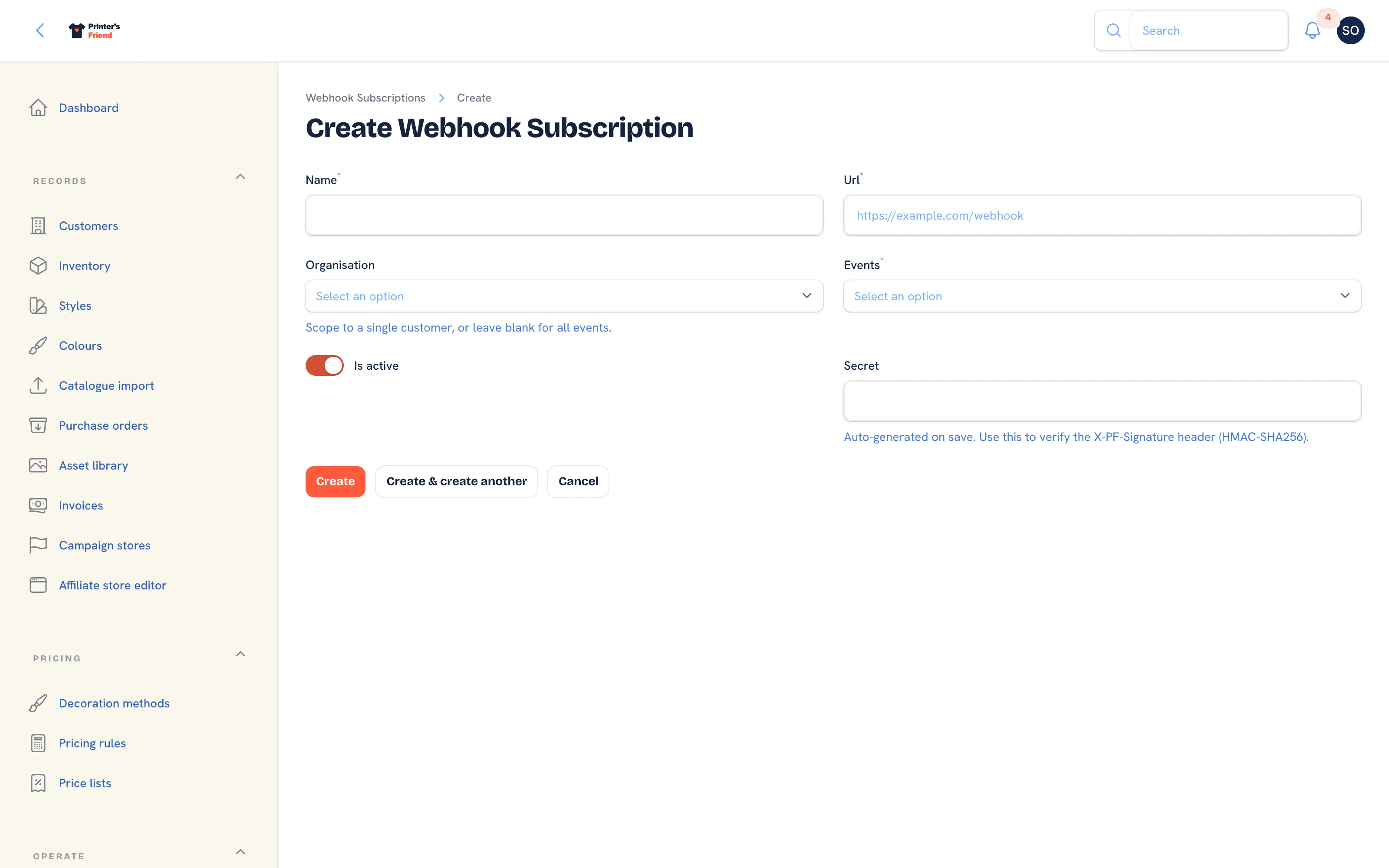 Adding a webhook subscriber with the name, URL, customer scope, events and active fields