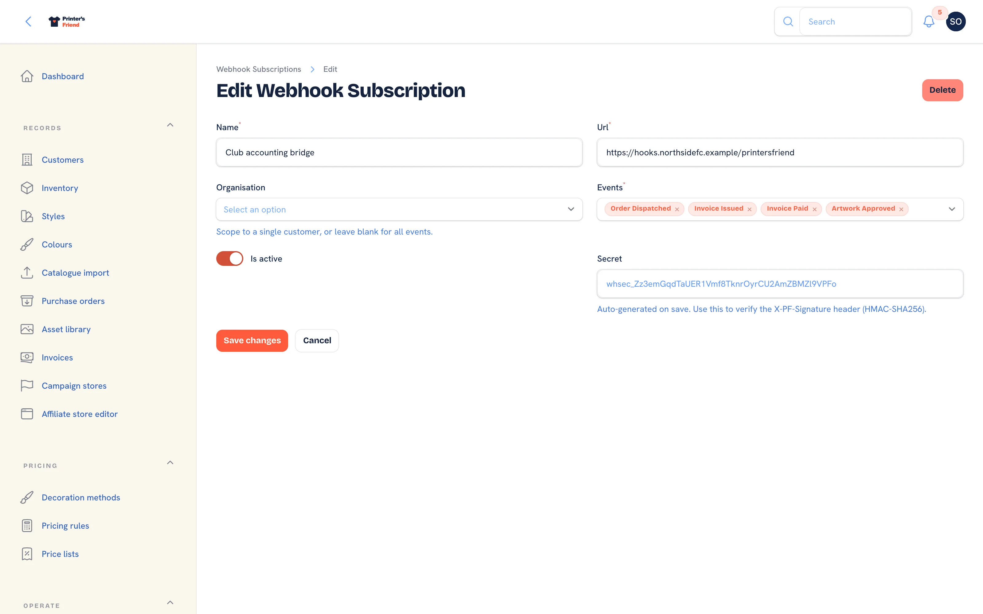 A webhook subscriber's edit page with its name, URL, events, active switch and secret