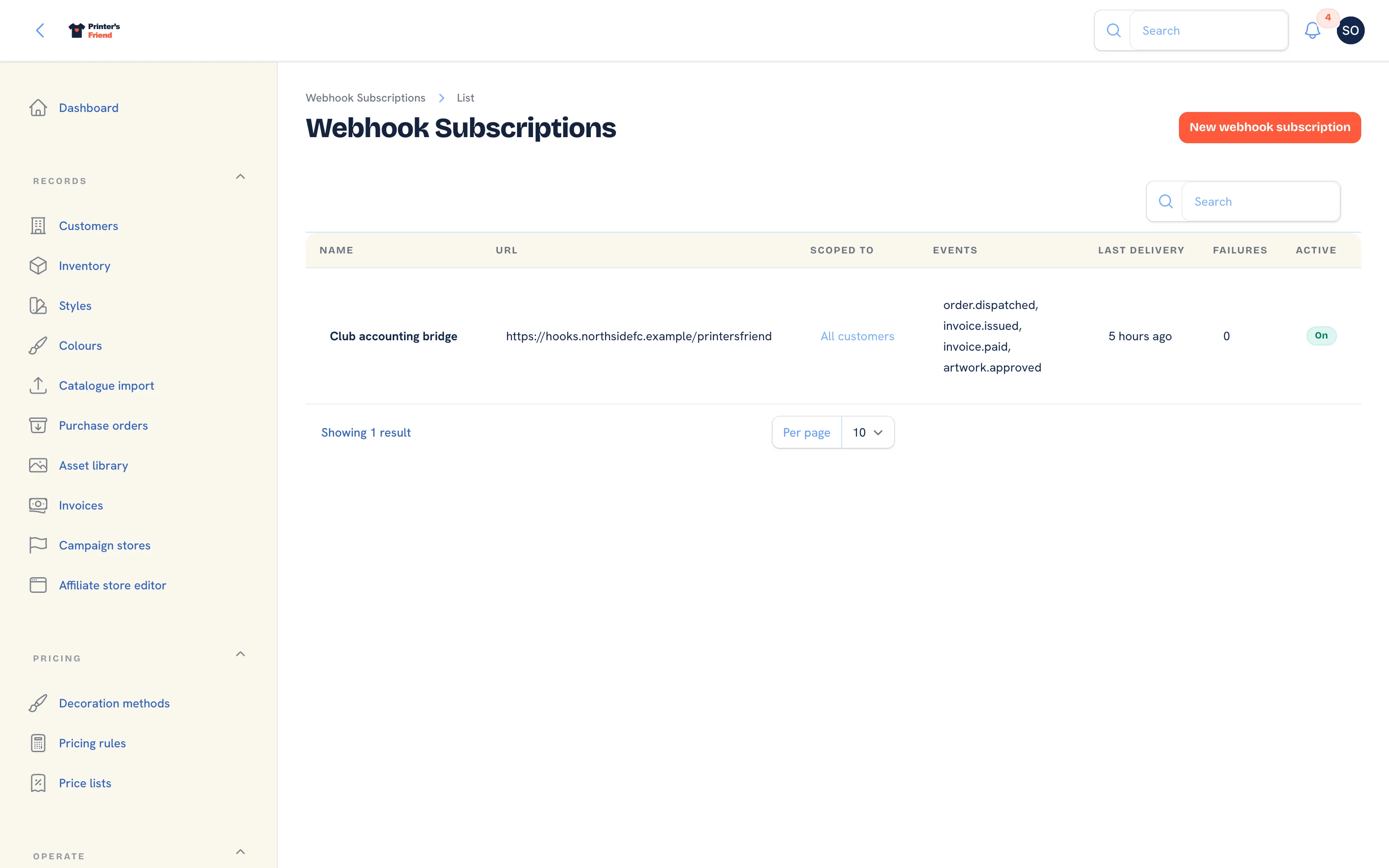 The webhook subscribers list with each subscriber's URL, events and status