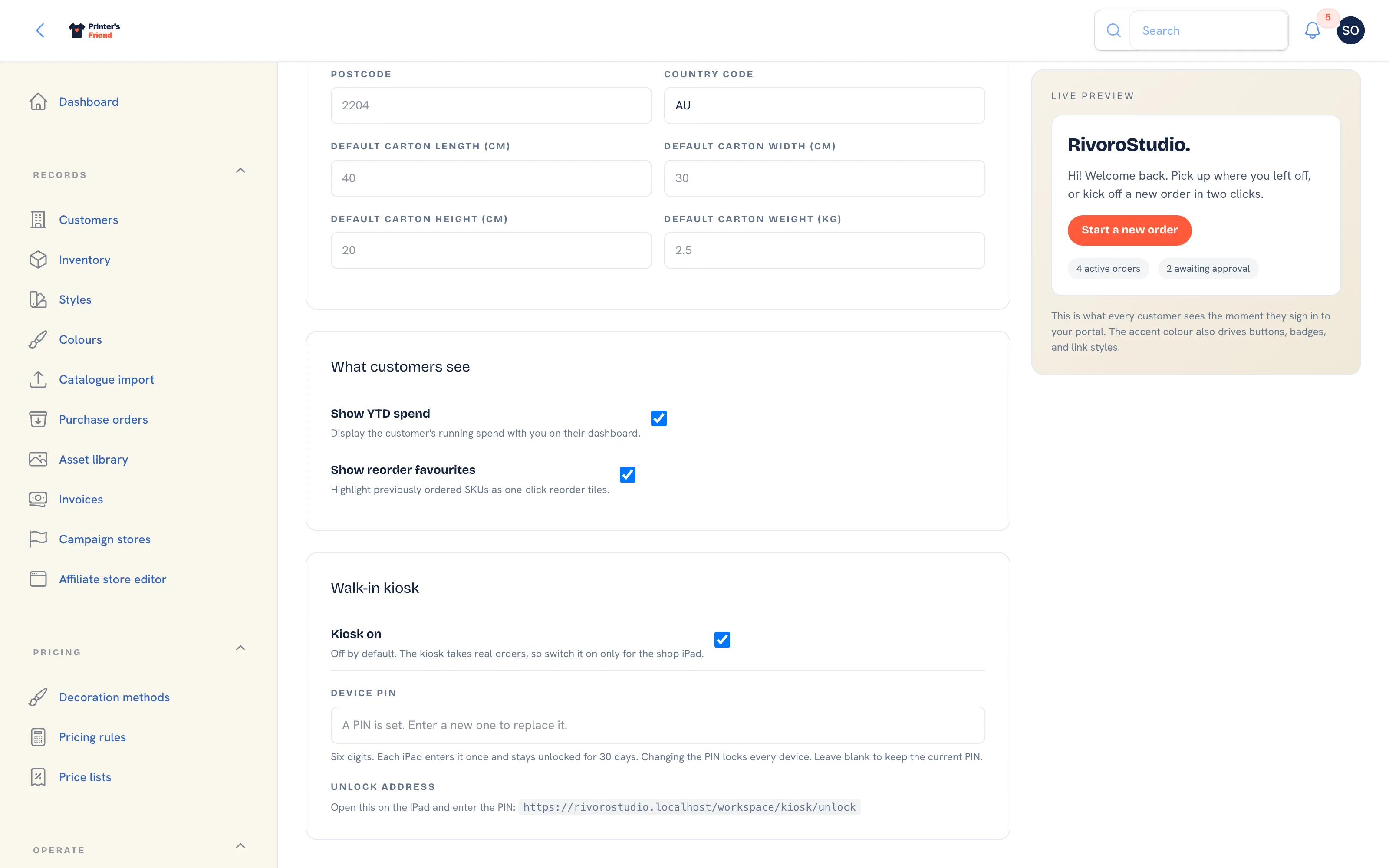 Brand and portal settings scrolled to What customers see and the Walk-in kiosk section, with the Kiosk on switch, the Device PIN field and the unlock address