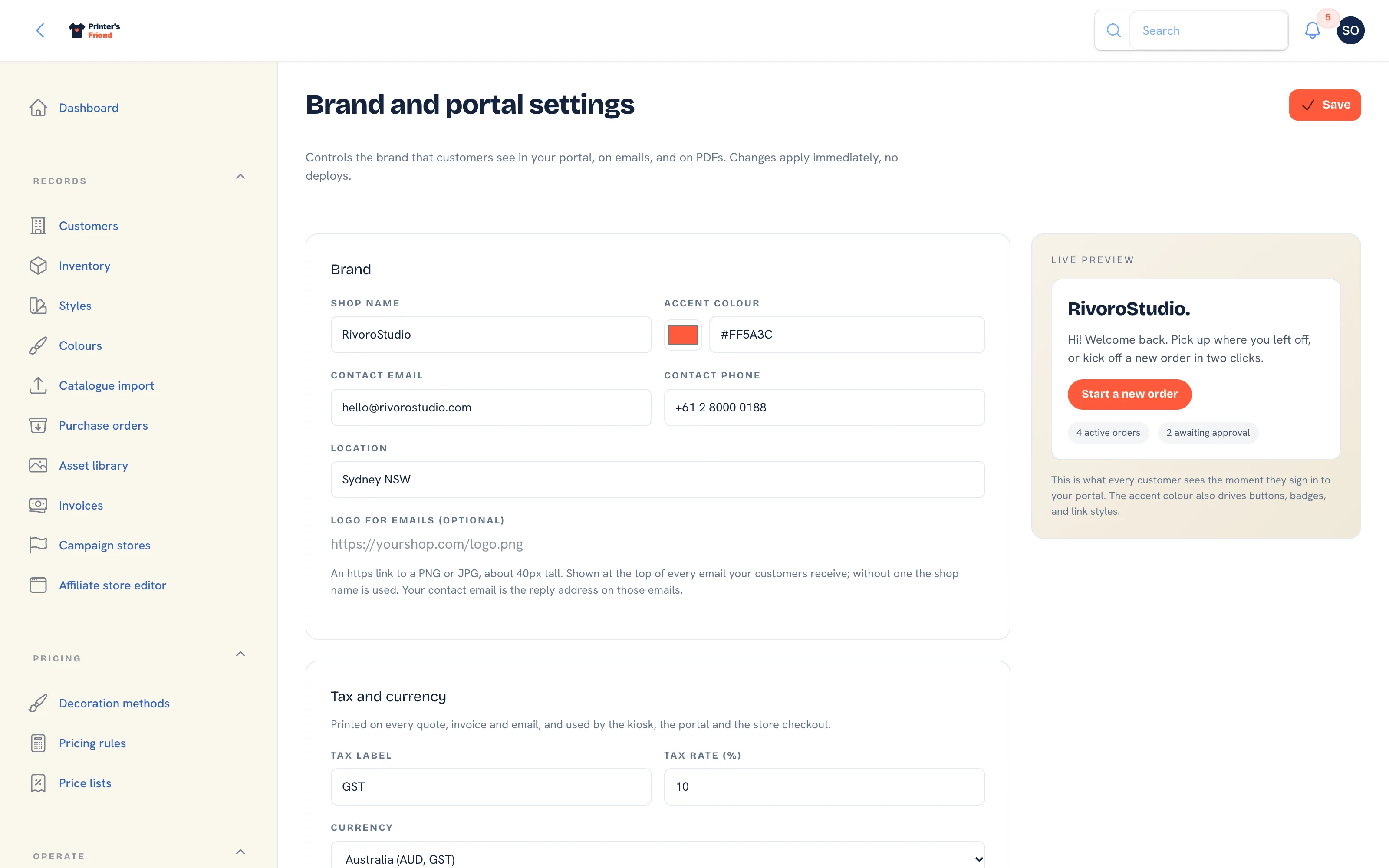 Brand and portal settings: name, colours, contact details, the kiosk switch and PIN