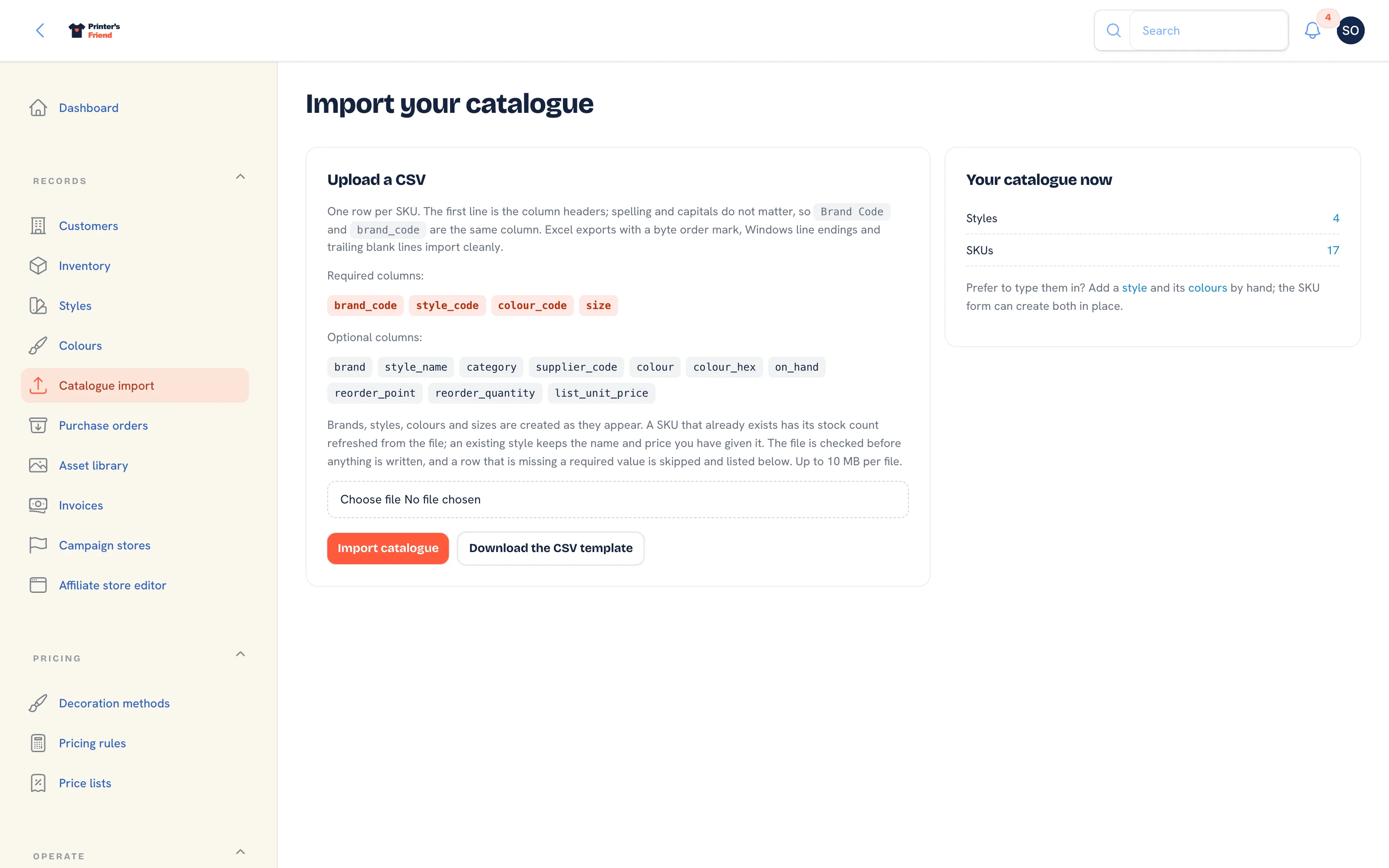 The catalogue import page with the upload form, the required and optional columns and the sample data controls
