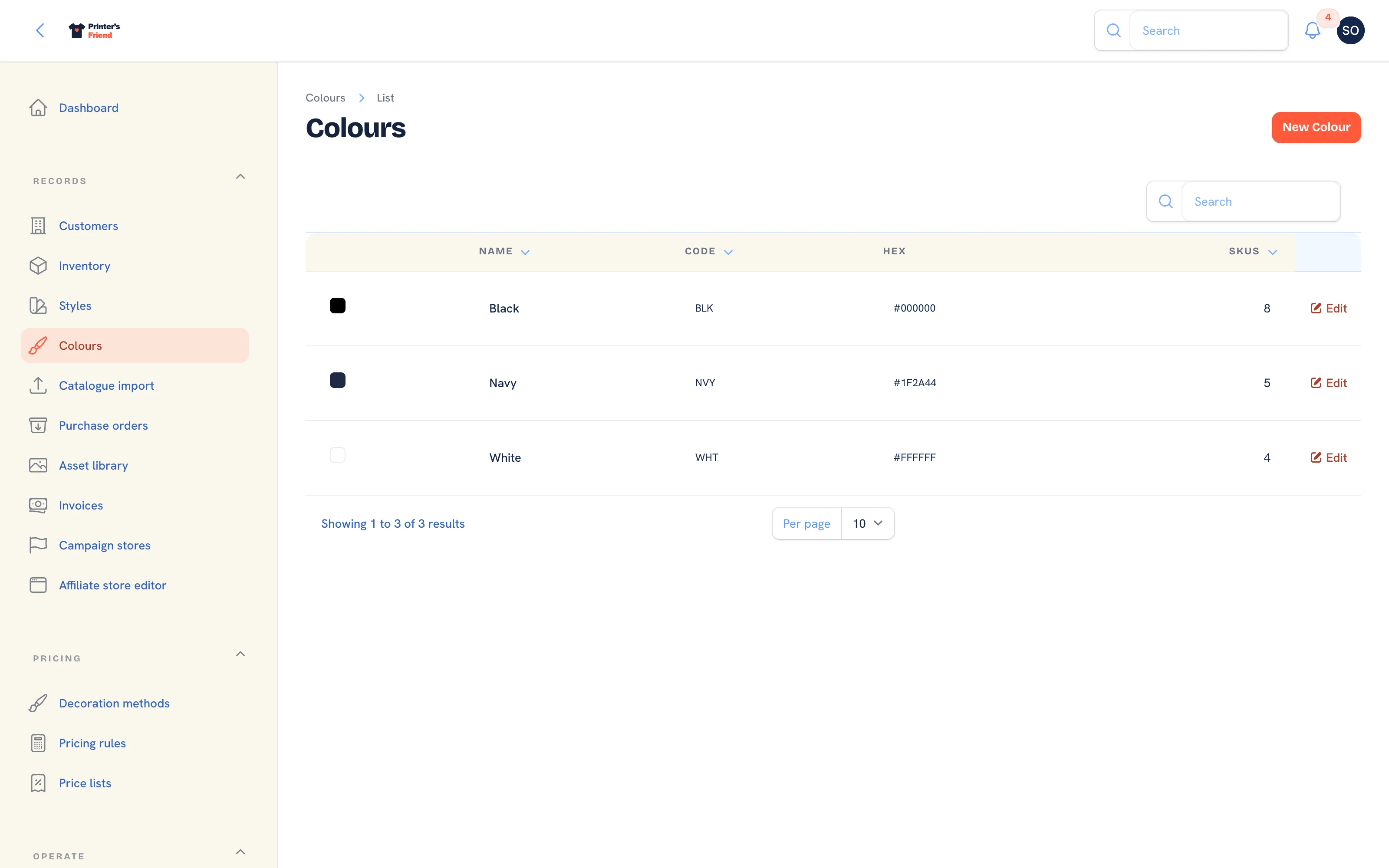 The colours list with swatch, name, code, hex and SKU count