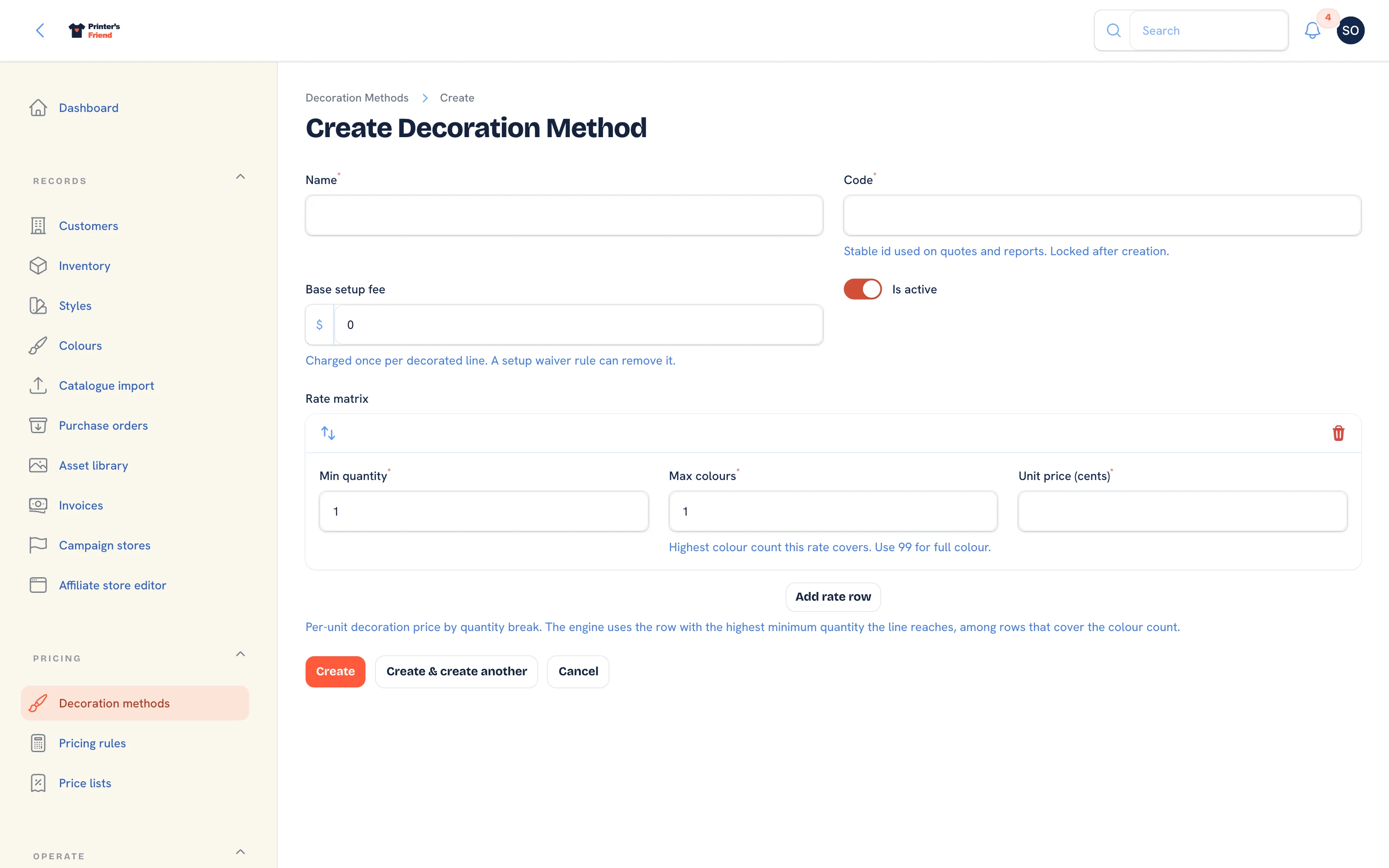 Adding a decoration method with its rate card