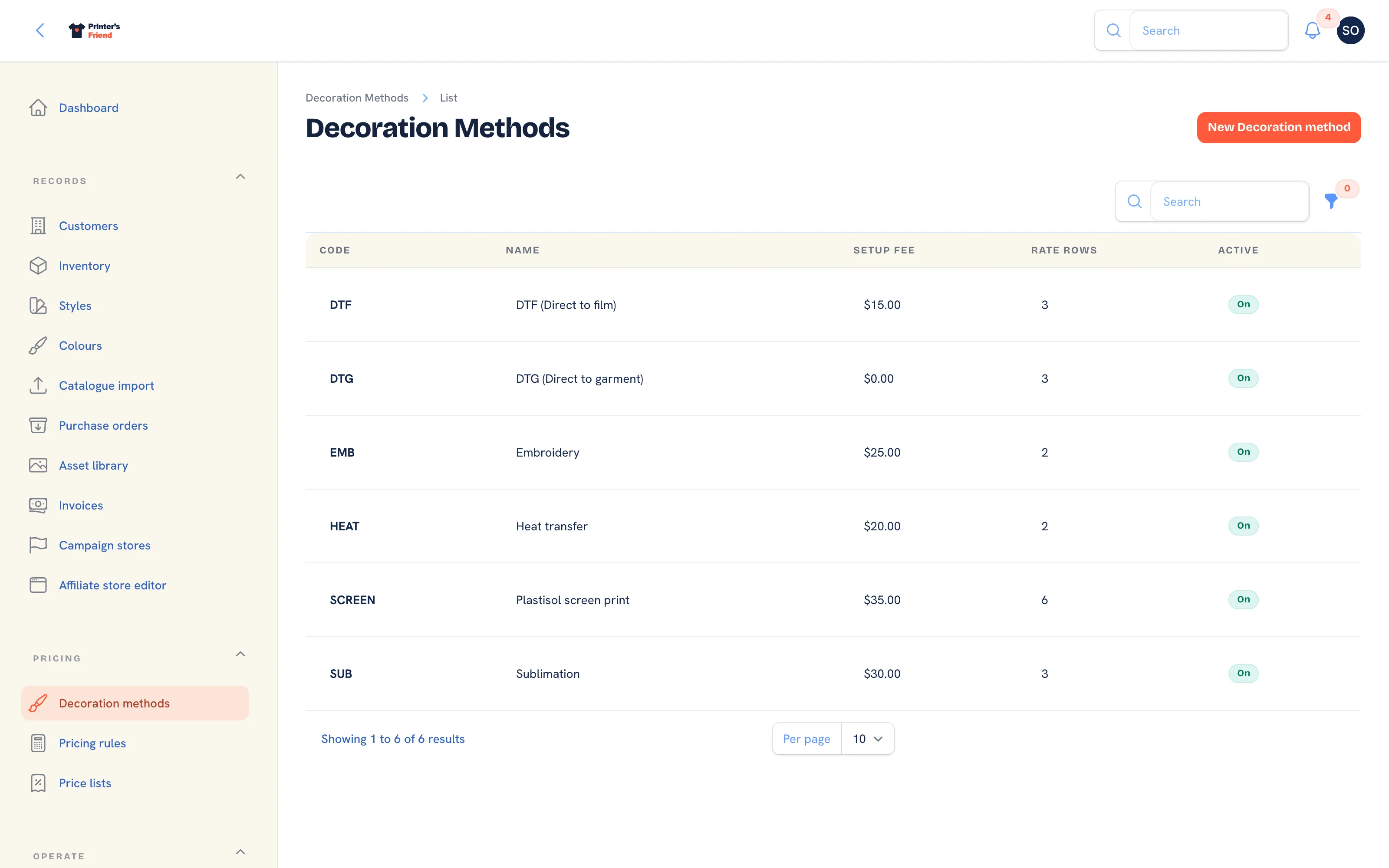 The decoration methods list with code, name, setup fee, rate rows and active status
