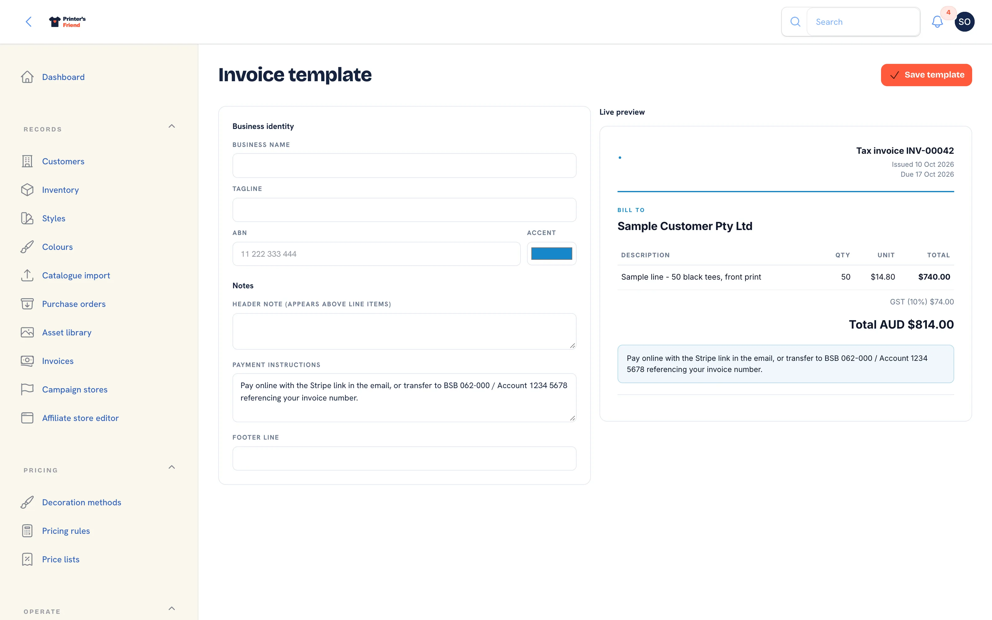 Invoice template settings with the business identity fields, notes and the live invoice preview