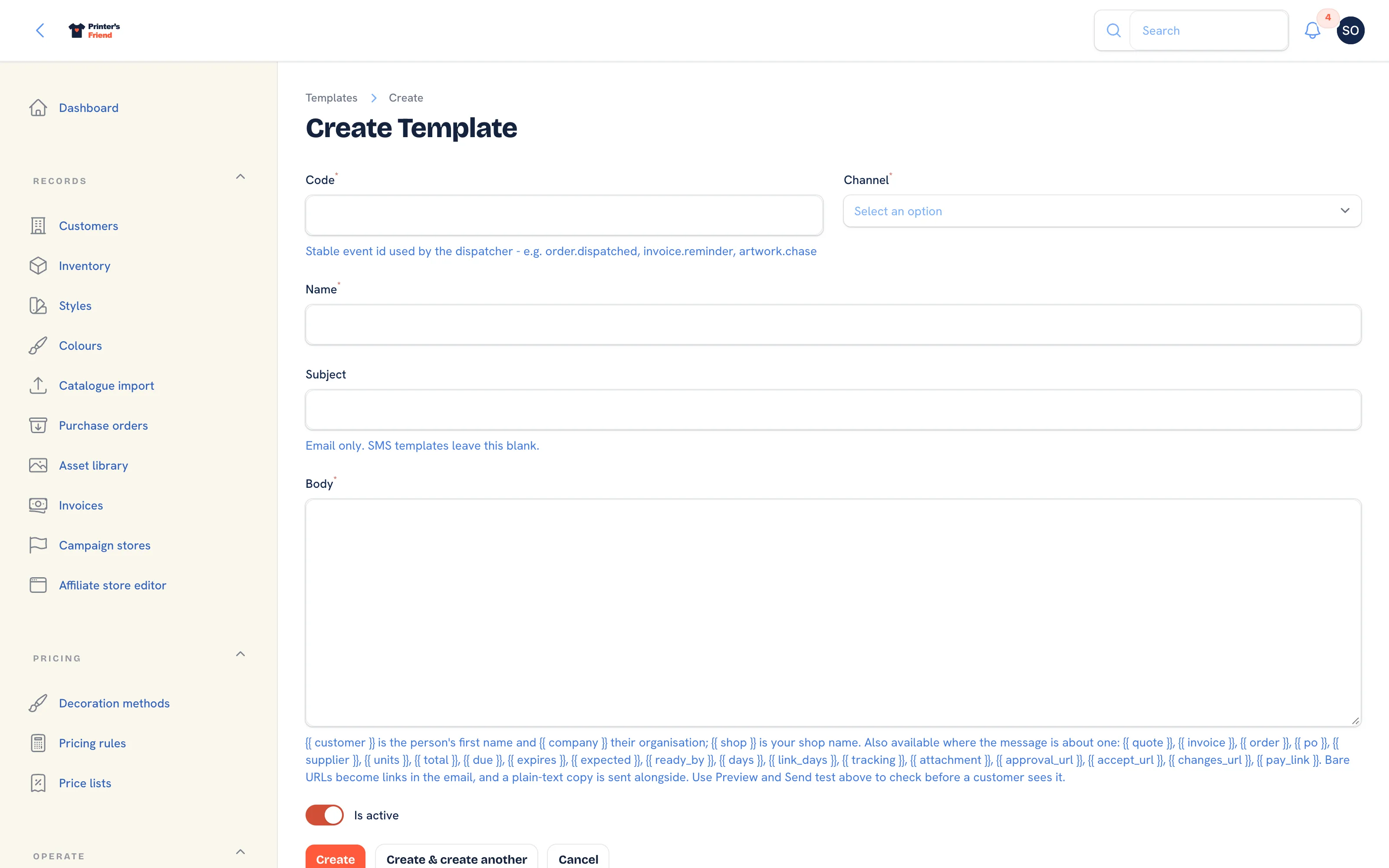 Adding a message template